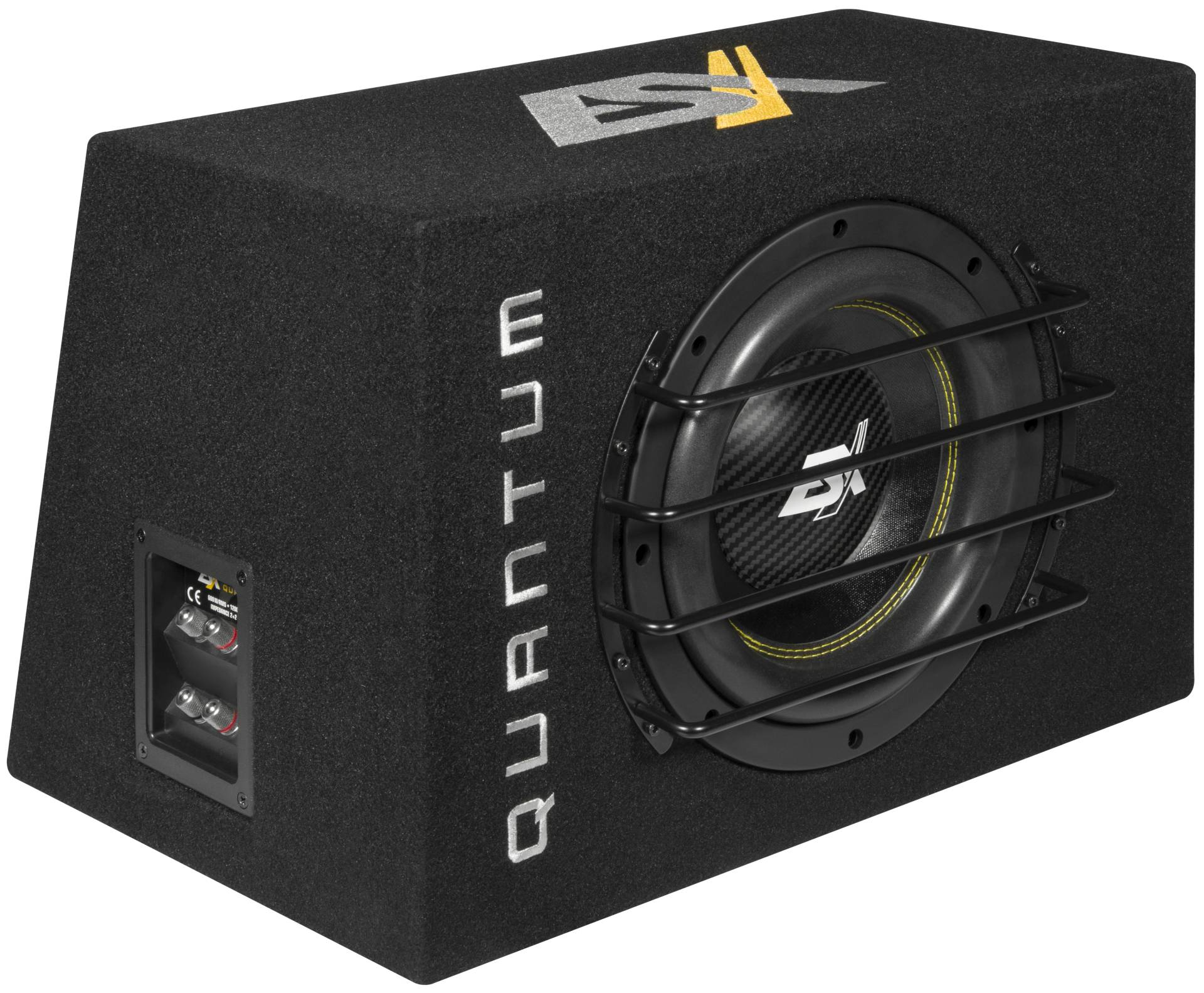 Schwarzer Subwoofer mit Quantum-Text auf der Seite.