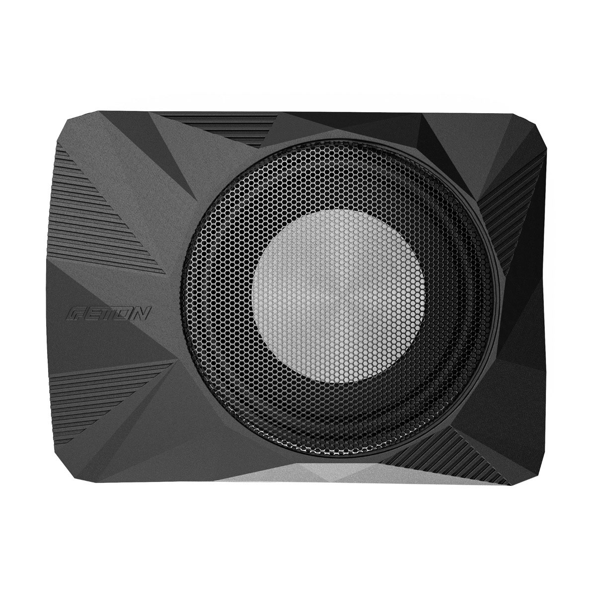 Schwarzer Subwoofer-Lautsprecher mit rundem Mesh-Gitter. Der Lautsprecher ist quadratisch und hat abgewinkelte Seiten.