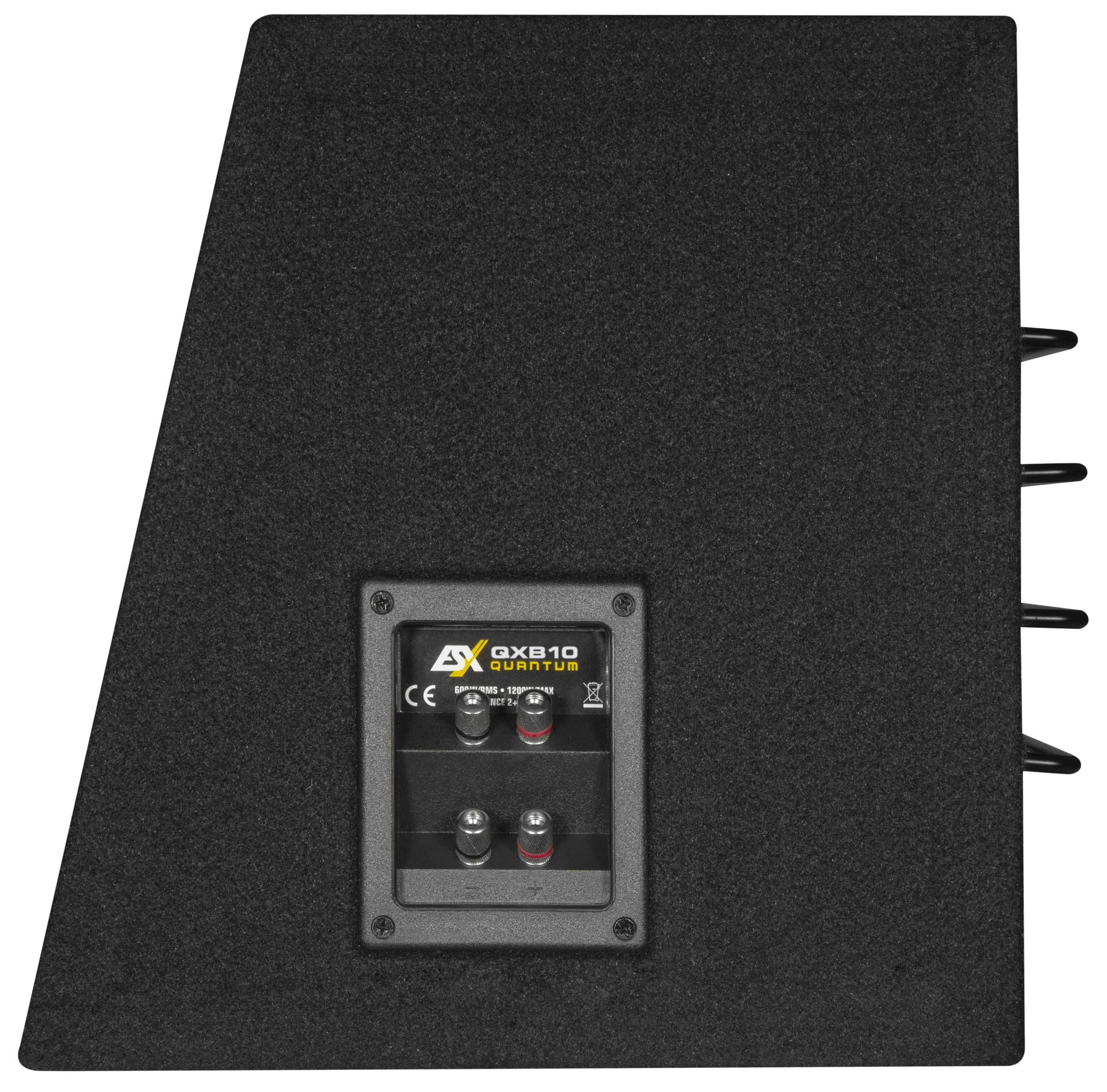 Eine schwarze Subwoofer-Box mit Anschlüssen auf der Rückseite und schwarzem teppichähnlichem Material.