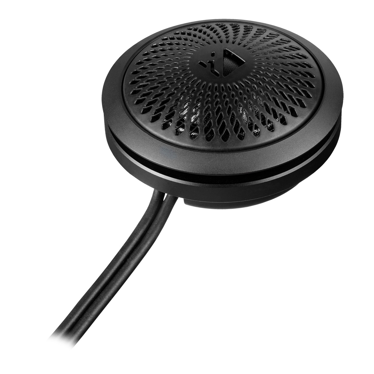 Schwarzes Mikrofon mit einem Maschenüberzug und einem Kabel.
