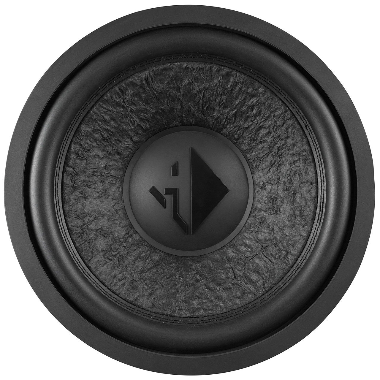 Ein schwarzer Subwoofer mit zentralem Logo, von oben betrachtet.