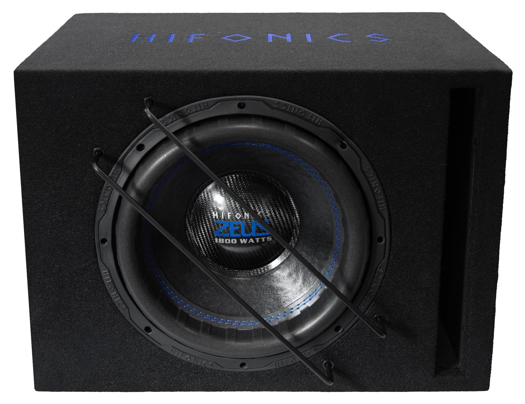 Schwarzer Subwoofer mit blauem Lautsprecher und Metallgitter. Der Markenname ist sichtbar.