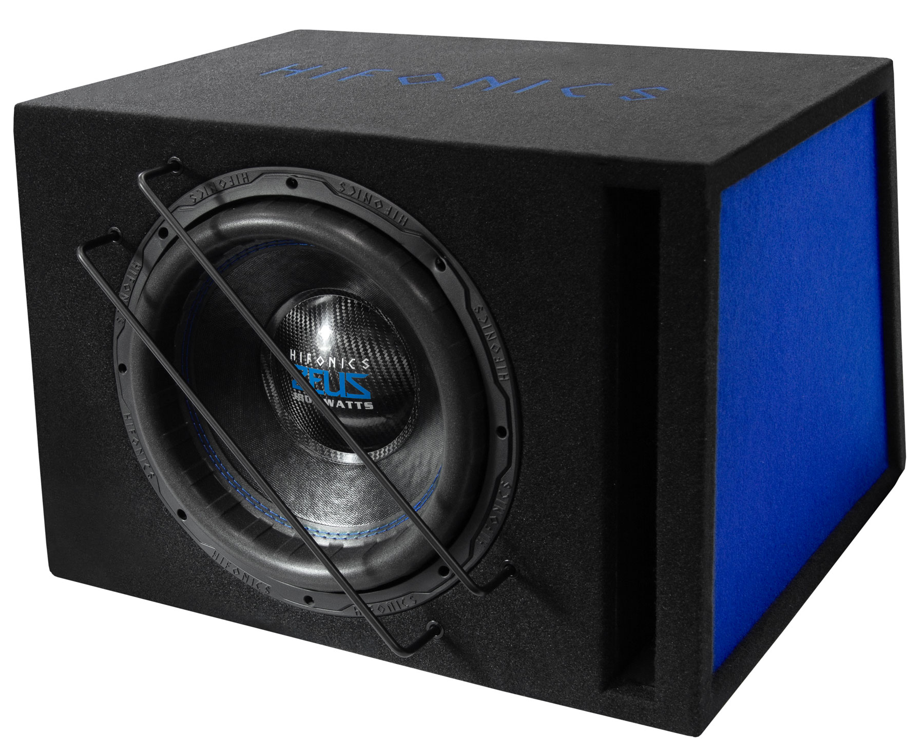 Schwarzer Subwoofer-Lautsprecher mit blauen Akzenten. Er hat ein Schutzgitter aus Metall.