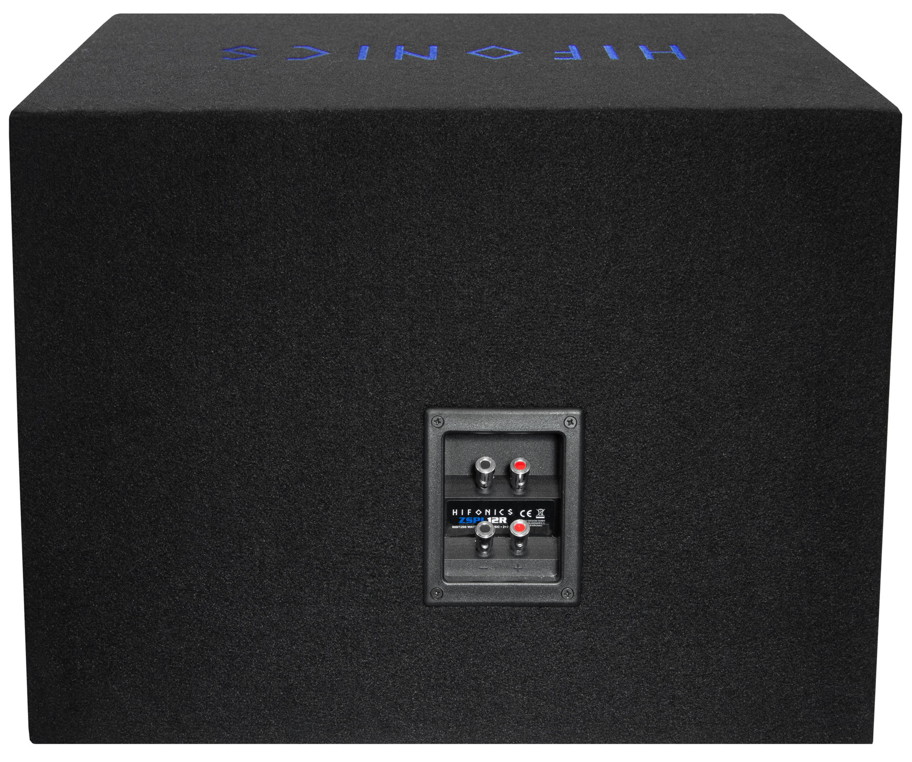 Schwarze Subwoofer-Box mit eingelassener Platte und roten und schwarzen Anschlüssen.