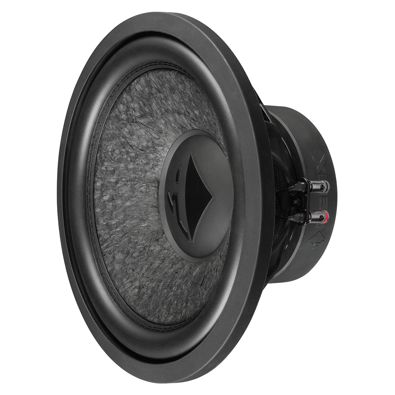 Ein schwarzer Subwoofer mit strukturierter Membran und schwarzer Einfassung.