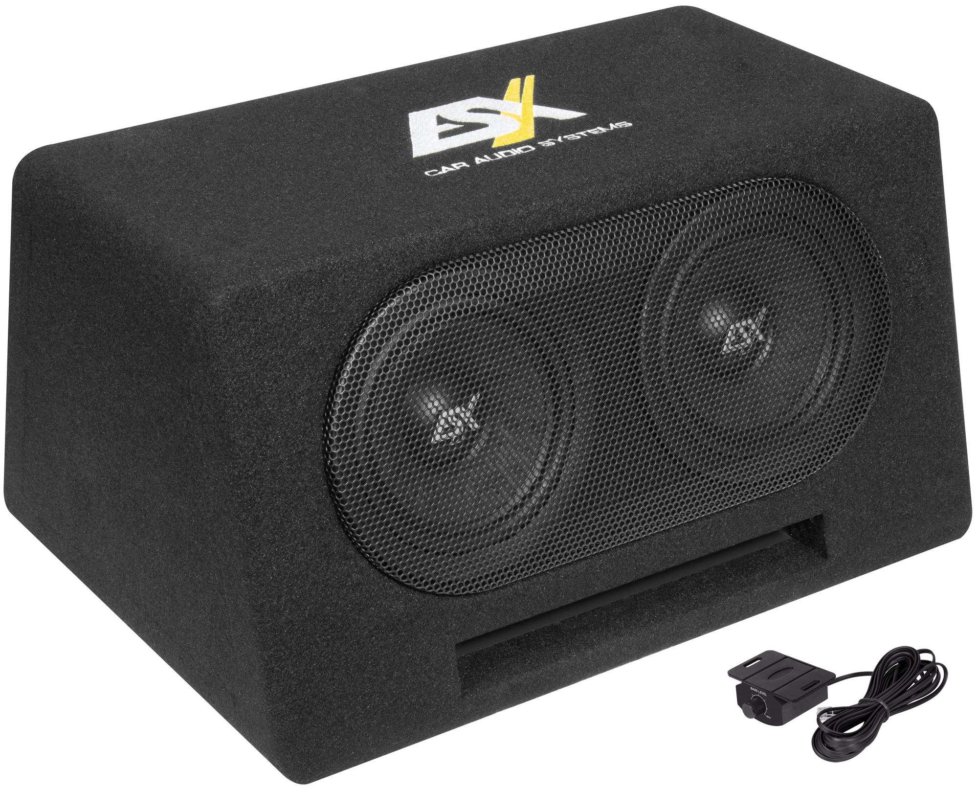 Schwarzer Subwoofer mit zwei Lautsprechern hinter einem Gitter. 'BSX'-Logo sichtbar. Ein Steuermodul ist angebracht.