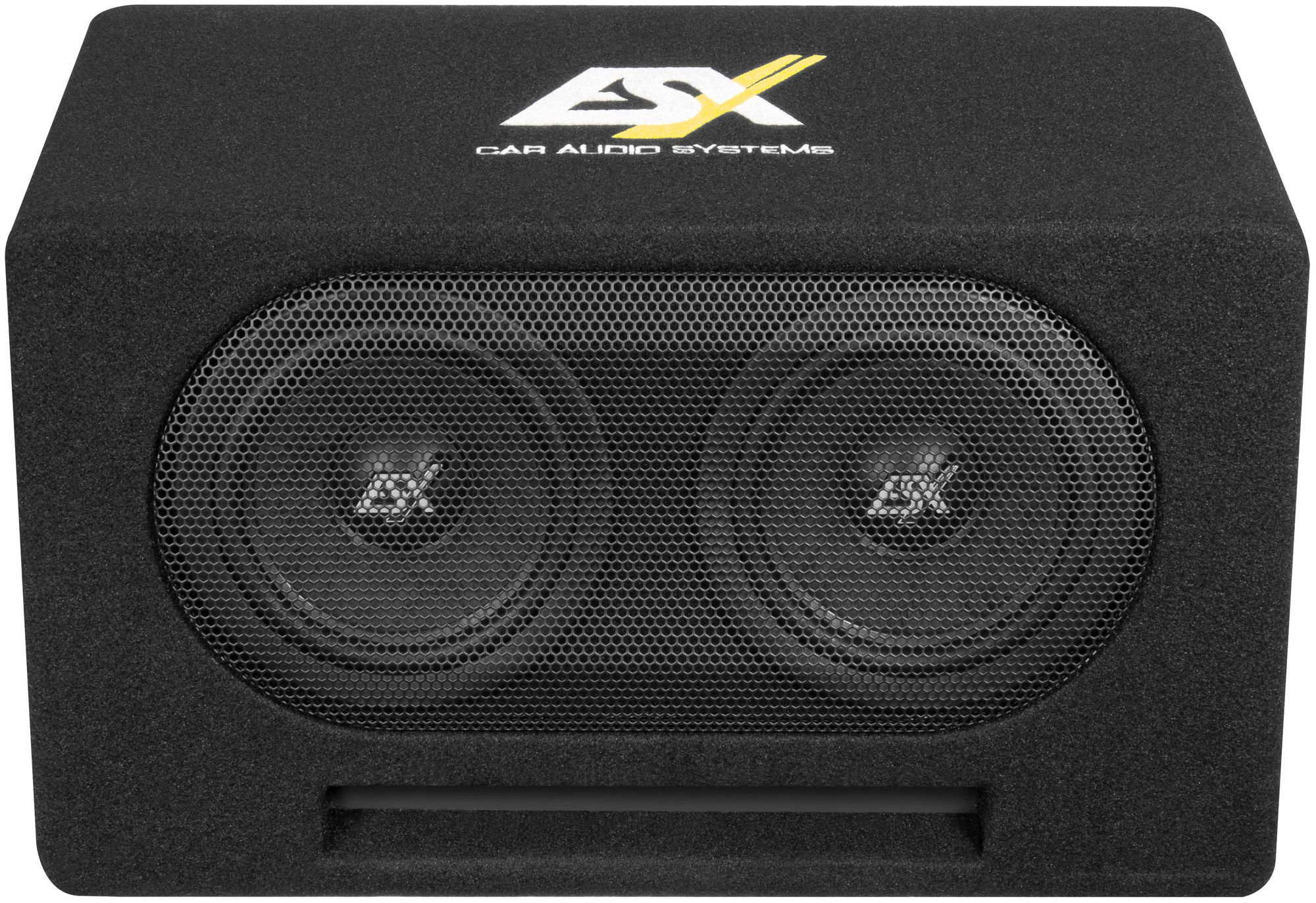Schwarzer Car-Audio-Subwoofer mit zwei Lautsprechern. 'ESX Car Audio Systems'-Logo oben. Ovales Lautsprecherdesign.