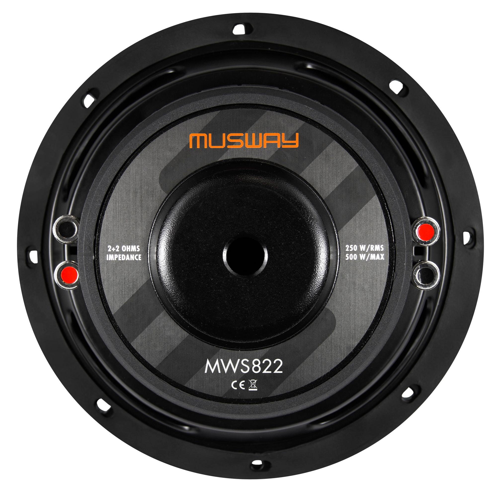 Schwarzer Autolautsprecher mit MUSWAY-Logo, 250W/RMS und 500W/MAX, mit roten Anschlüssen.