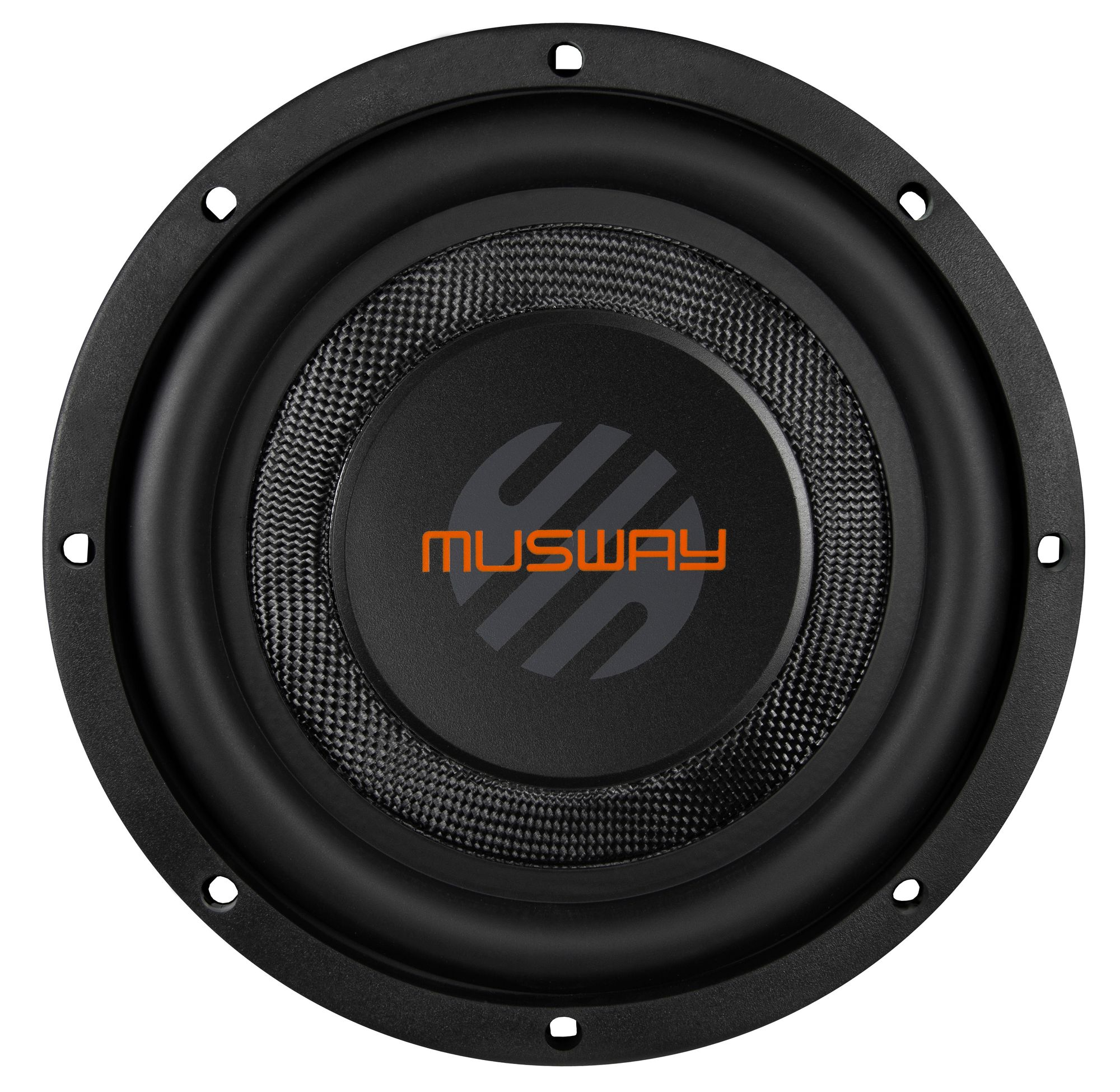 Ein schwarzer Subwoofer-Lautsprecher mit einem orangefarbenen Logo in der Mitte.