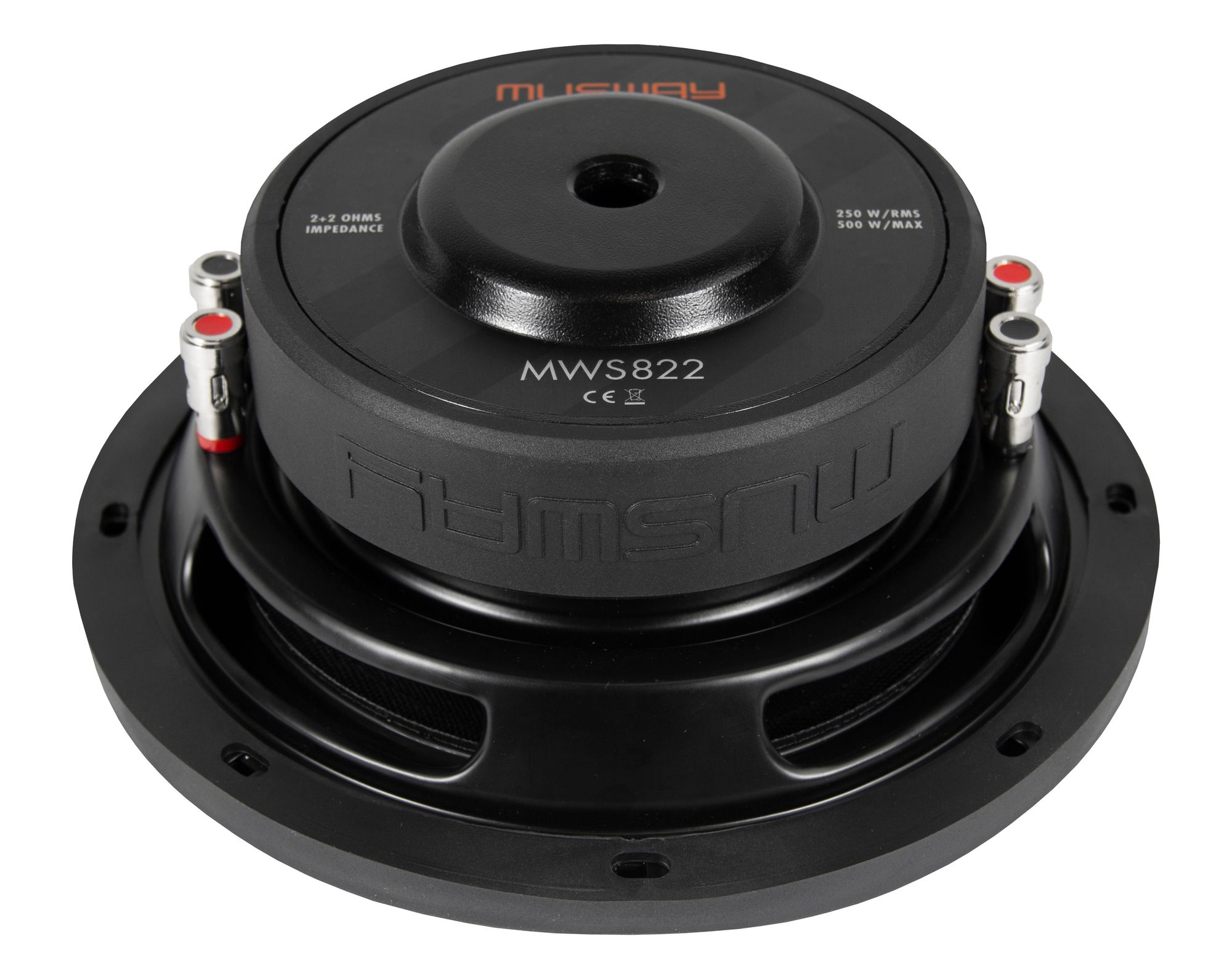 Ein schwarzer Subwoofer mit dem Markennamen 'musway'. Er hat Anschlussklemmen und Produktspezifikationen aufgedruckt.