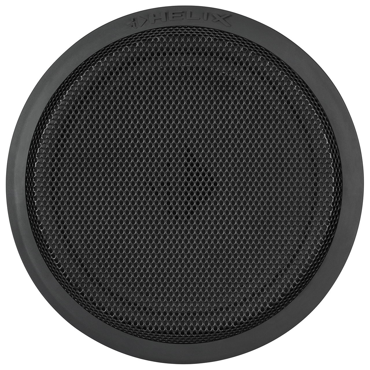 Runder schwarzer Lautsprechergrill mit Mesh-Design und schwarzem Rahmen.