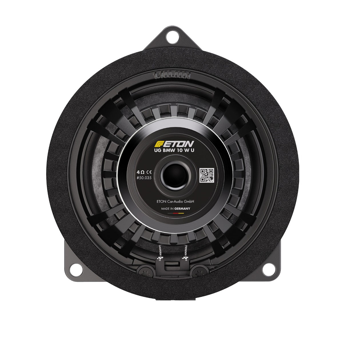 Autolautsprecher. Schwarz, mit silbernem Lautsprecher. Der Lautsprecher hat den Text: ETON UG BMW 10 W U. Made in Germany.