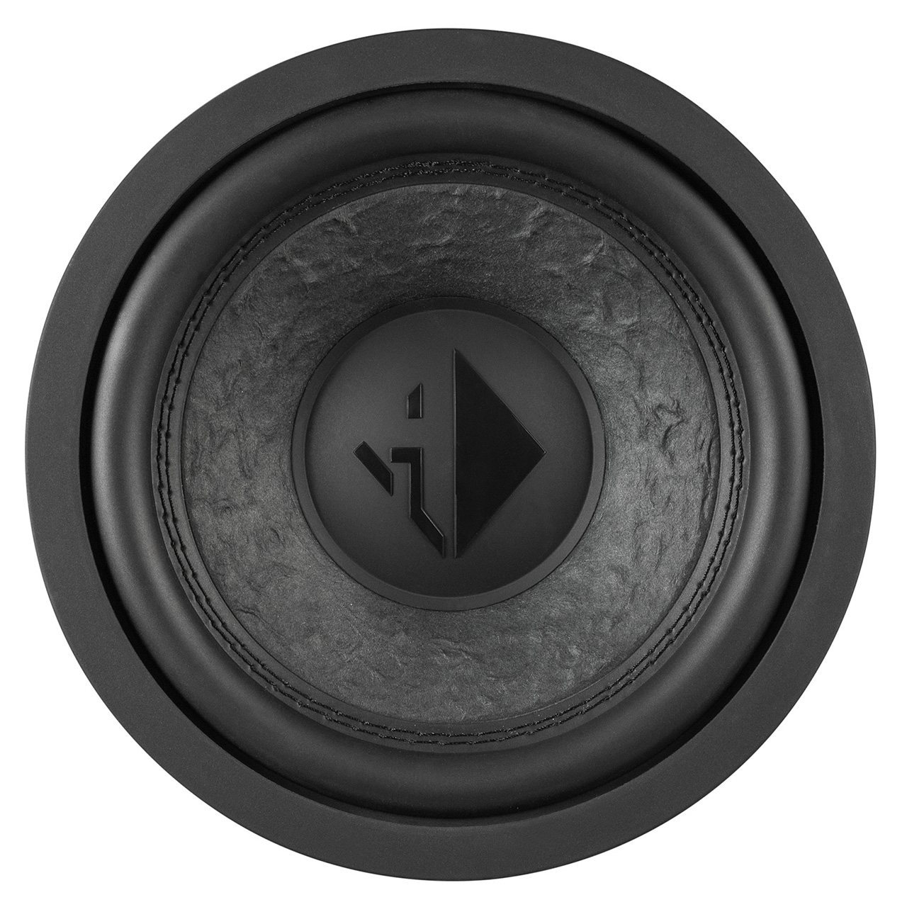 Ein schwarzer Subwoofer mit zentralem Logo, von oben betrachtet.