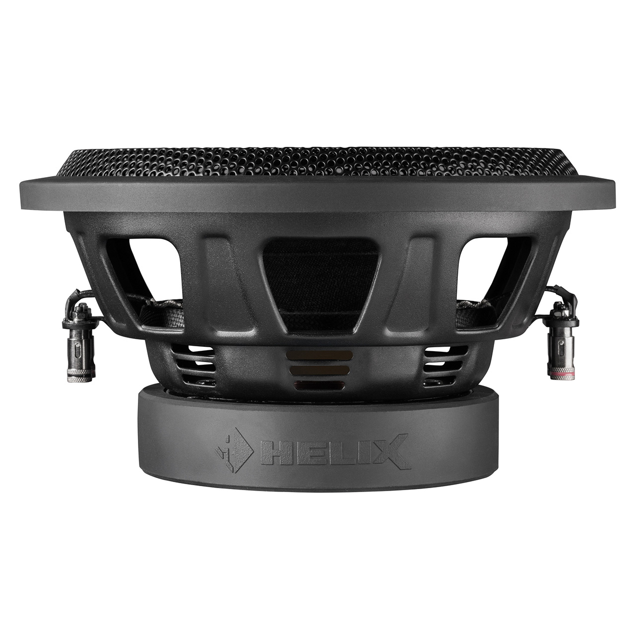 Schwarzer Subwoofer-Lautsprecher. Verfügt über ein Metallgitter und das Helix-Logo auf der Basis.