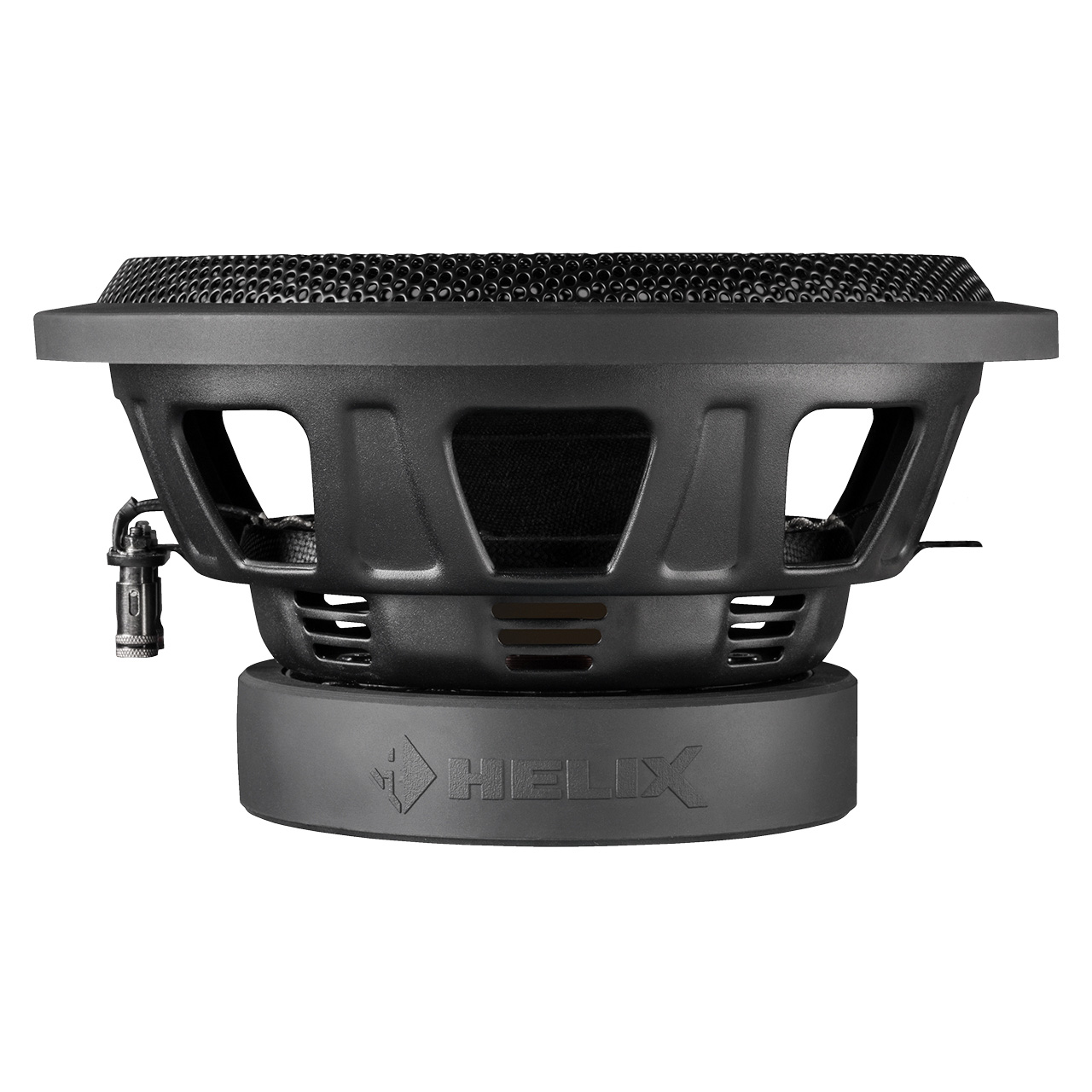 Schwarzer Helix-Subwoofer mit Mesh-Gitter, Seitenanschluss und rundem Sockel.