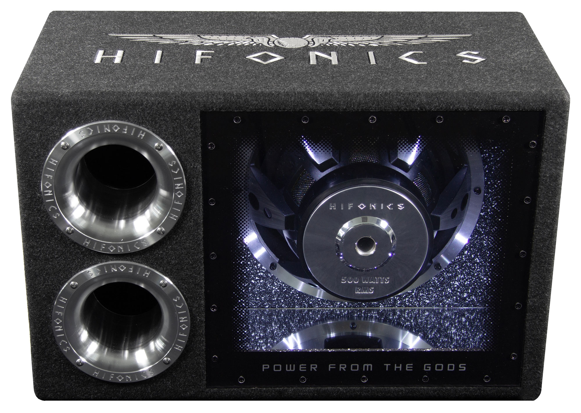 Ein schwarzer Subwoofer mit zwei Öffnungen und einem Lautsprecher. Die Marke "HIFONICS" ist sichtbar.