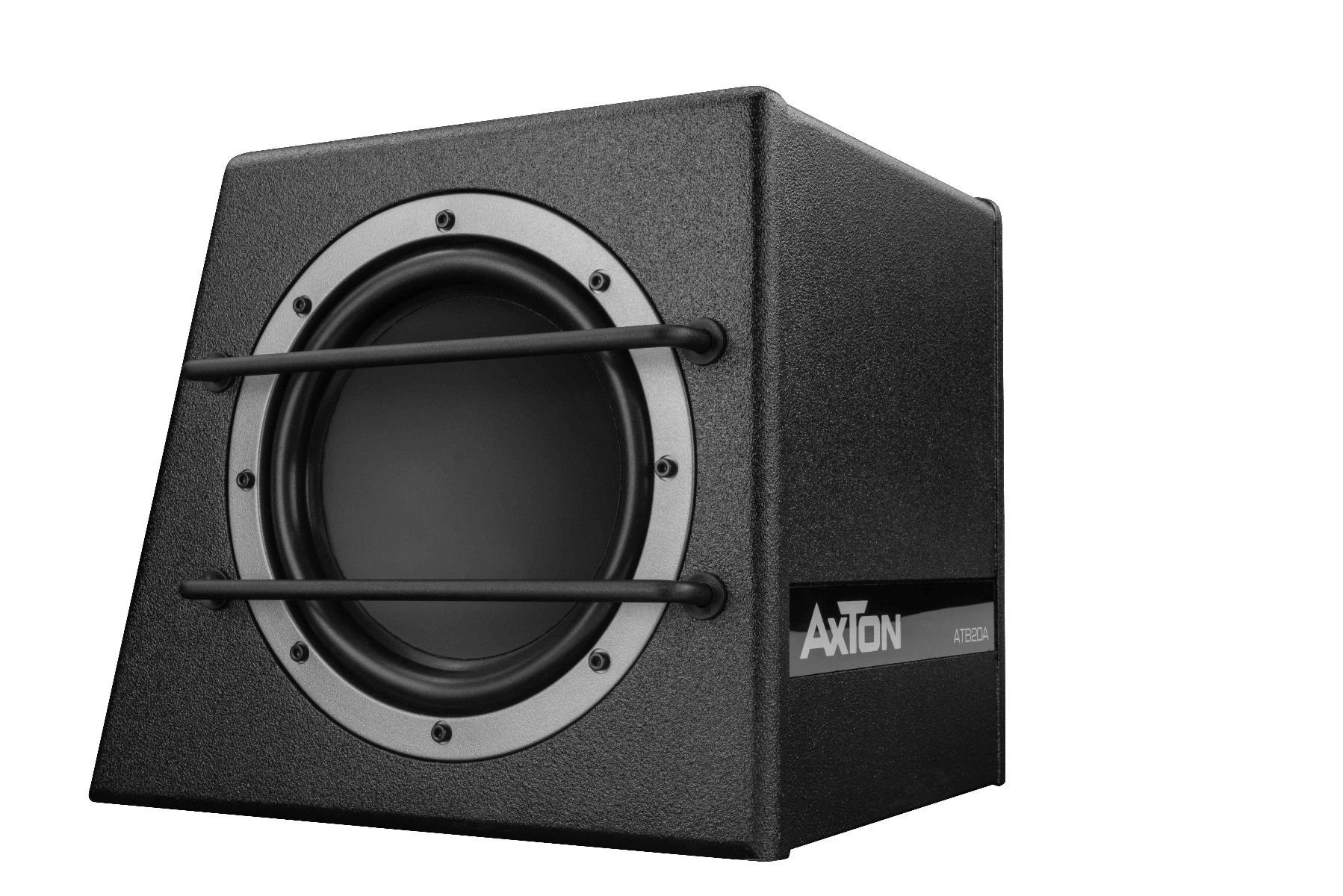 Schwarzer Subwoofer-Lautsprecher mit Metallgitter.