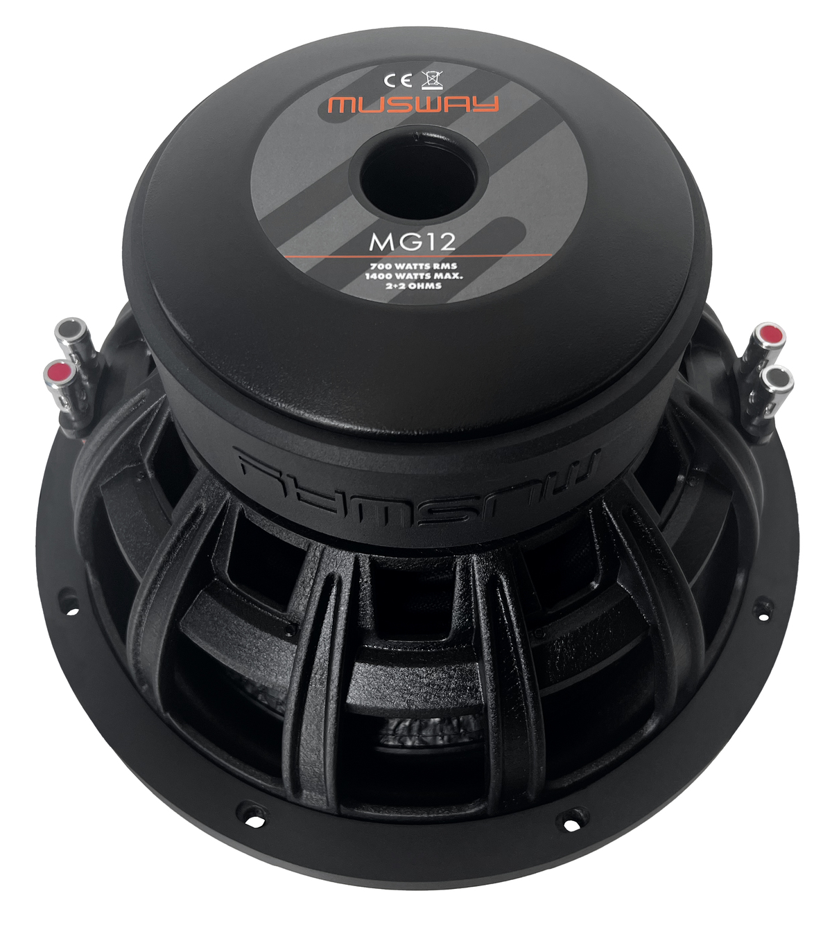 Ein schwarzer Musway Subwoofer. Es hat einen großen Lautsprecherkonus.