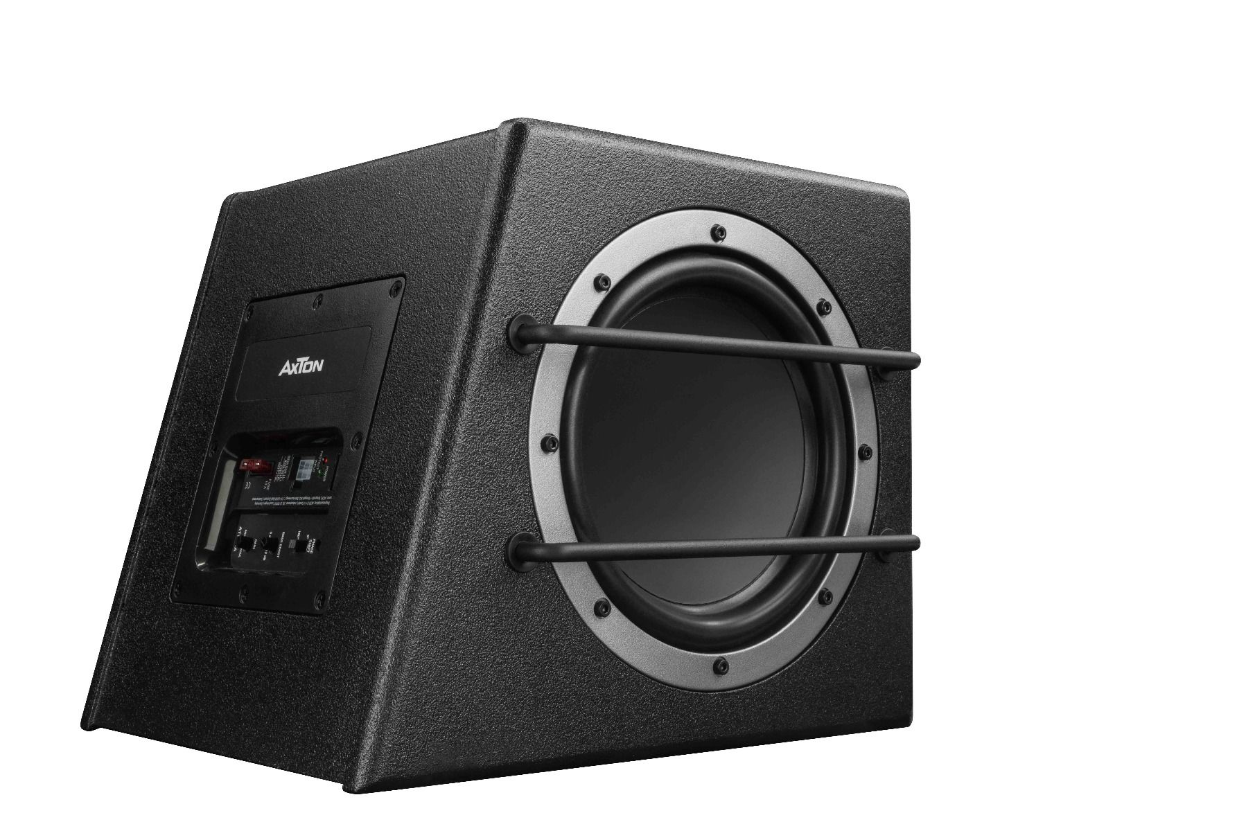 Ein schwarzer Subwoofer mit Metallgitter und dem Namen Axion. Weißer Hintergrund.