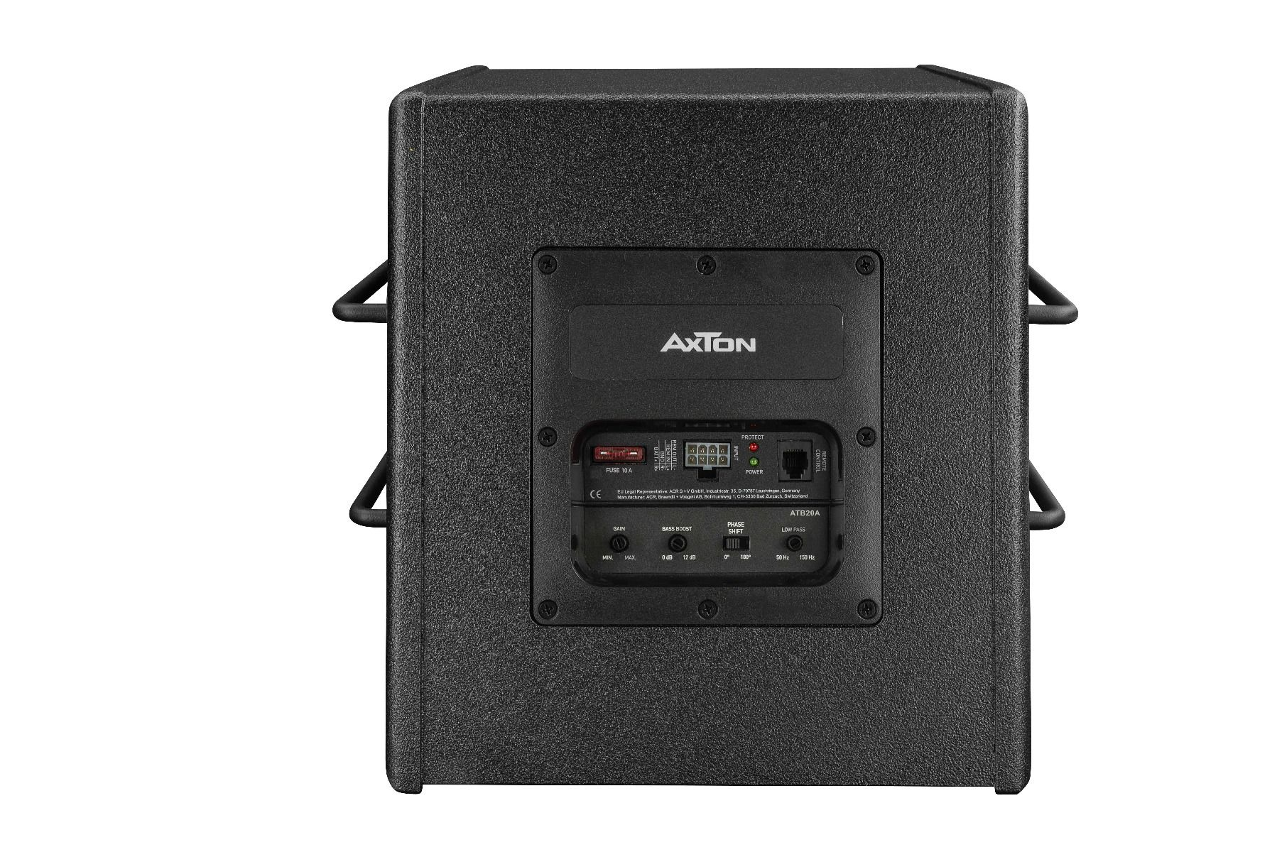 Rückansicht eines schwarzen Subwoofers mit Axton-Logo und Anschlussfeld.