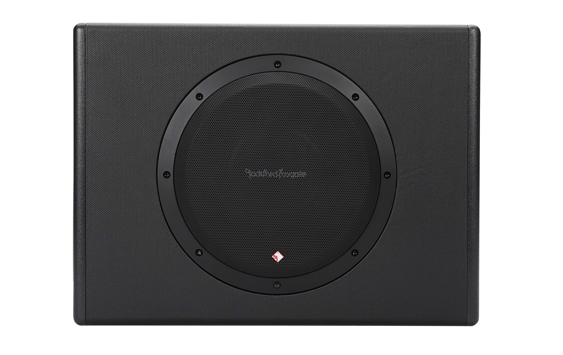 Ein schwarzer Subwoofer mit kreisförmigem Lautsprechergrill und dem Rockford Fosgate-Logo.