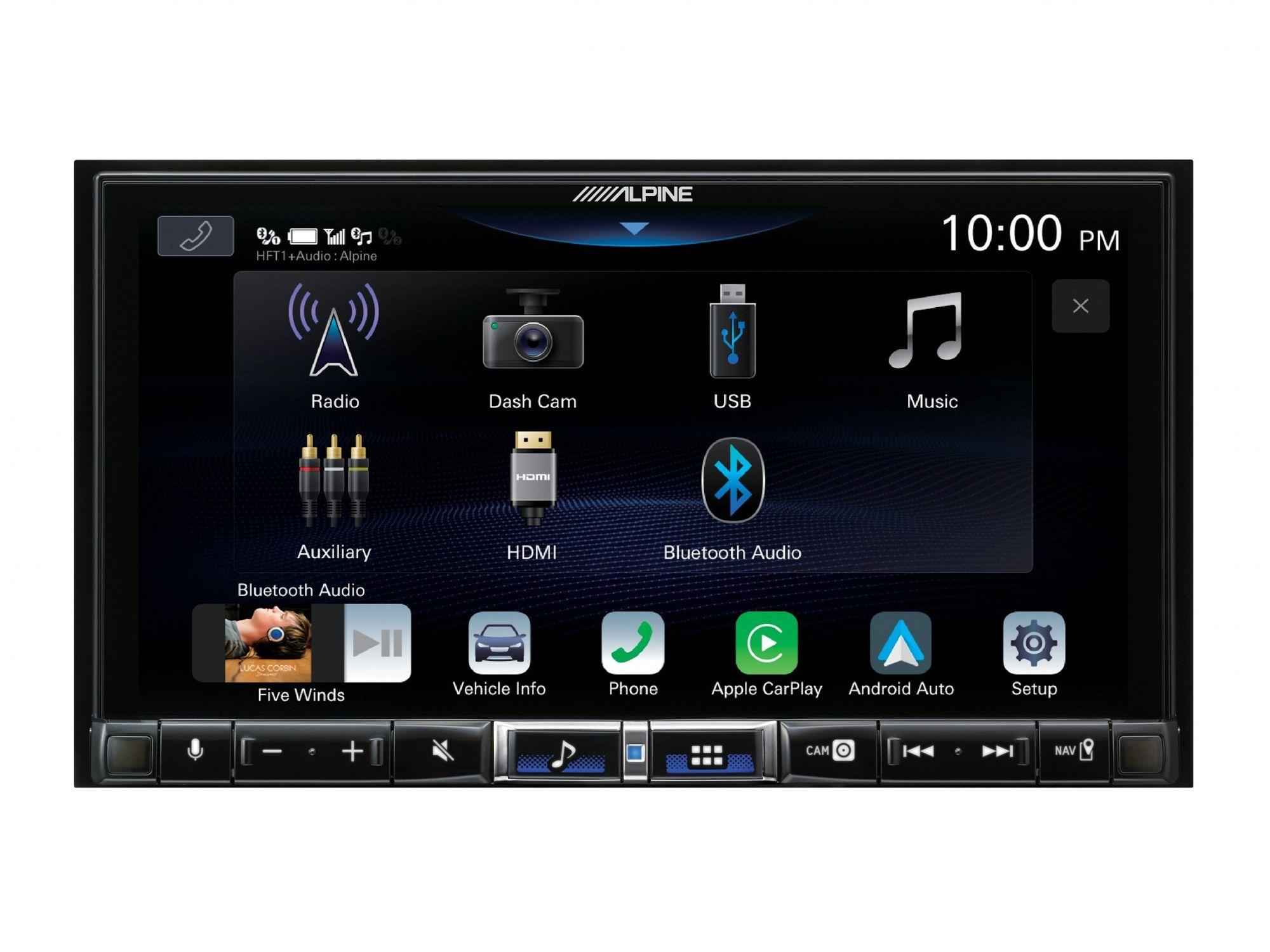 Bildschirm des Auto-Multimedia-Systems mit verschiedenen Symbolen und einer Uhr.