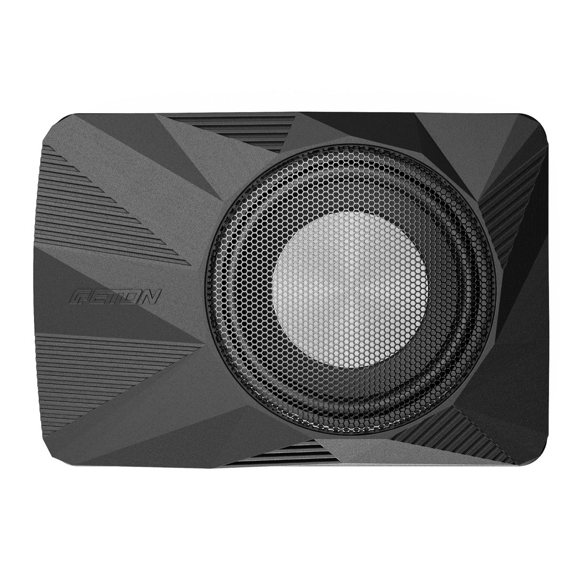 Ein schwarzer Subwoofer mit einem Mesh-Grill. Der Subwoofer hat ein geometrisches Muster.