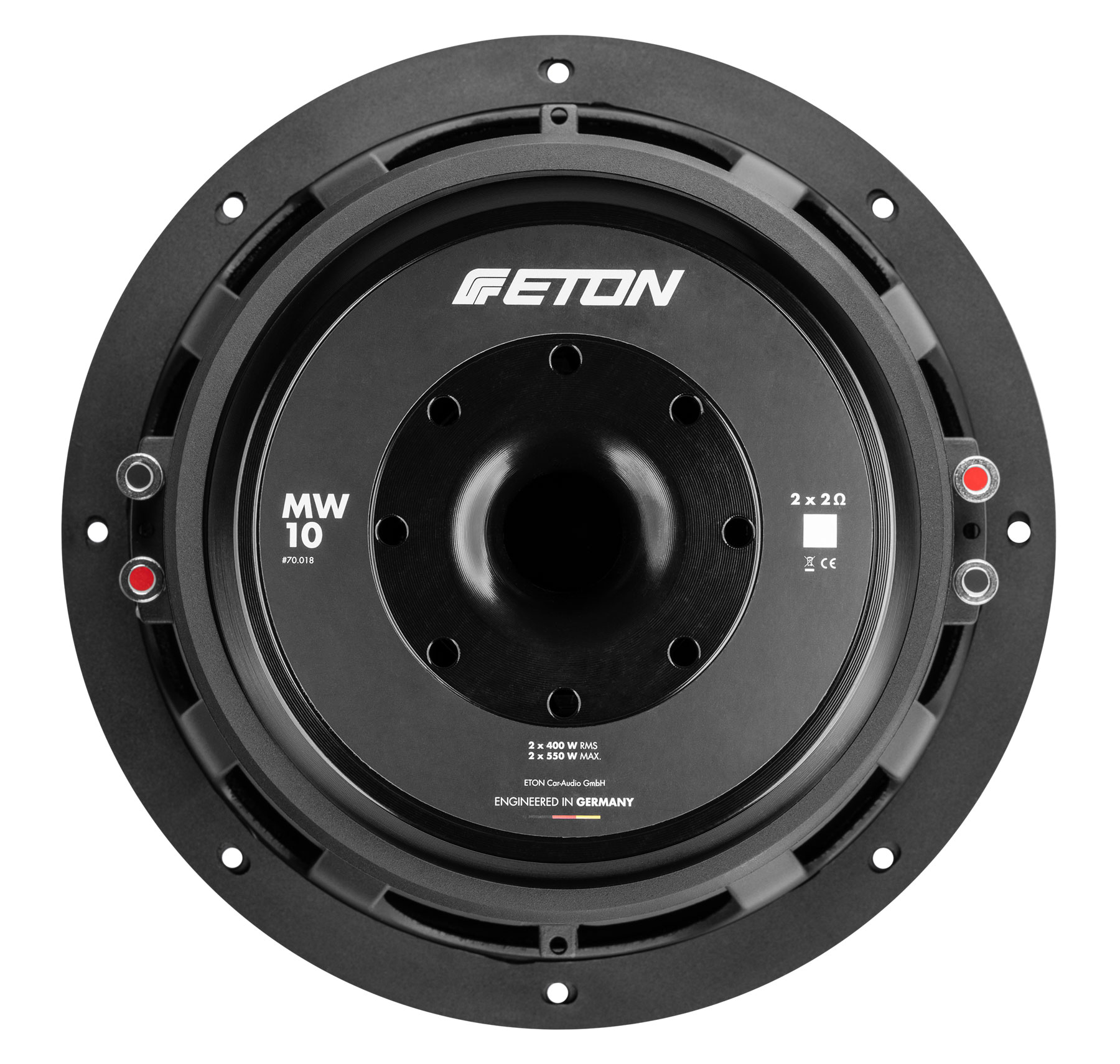 Schwarzer Auto-Subwoofer mit dem Markennamen ETON.
