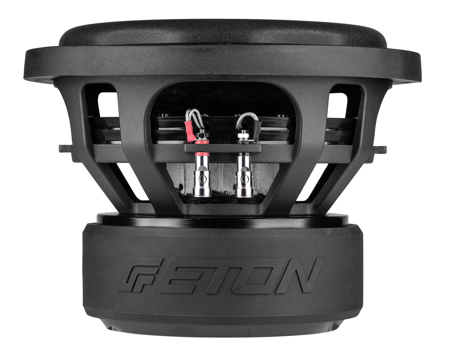 Schwarzer Subwoofer mit FEION-Logo, isoliert auf weißem Grund.