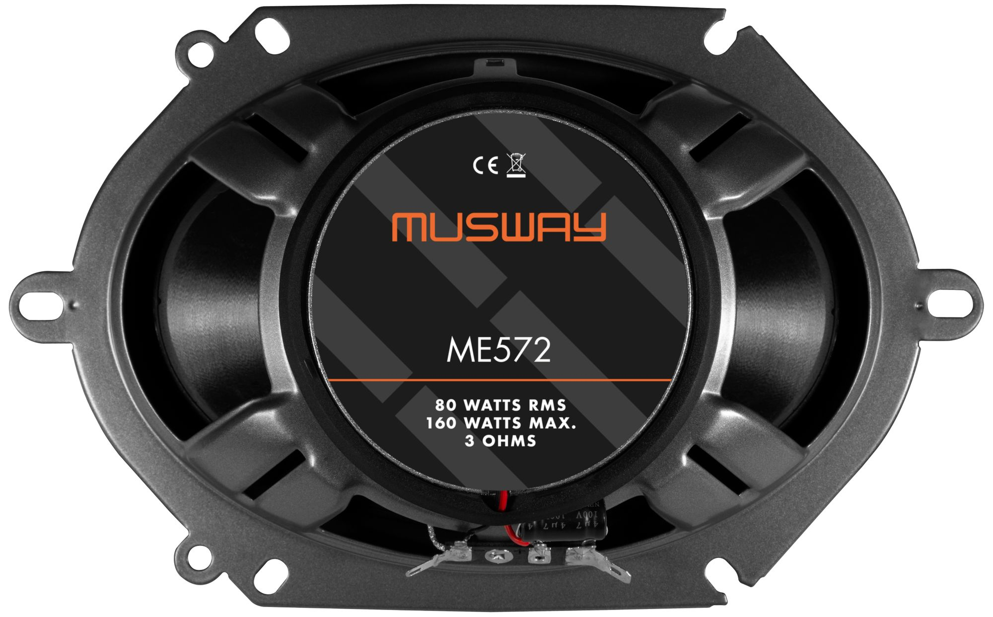 Ovaler Autolautsprecher mit 'MUSWAY' und 'ME572' in der Mitte. Der Lautsprecher ist schwarz und metallisch.