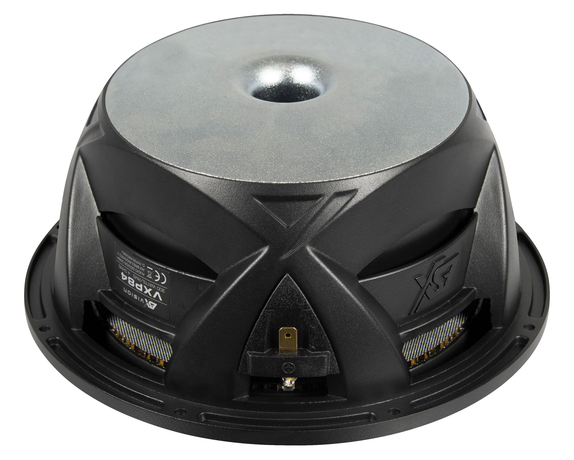 Ein Subwoofer, Rückansicht, schwarz mit X-Muster, mit silbernen und goldenen Akzenten.
