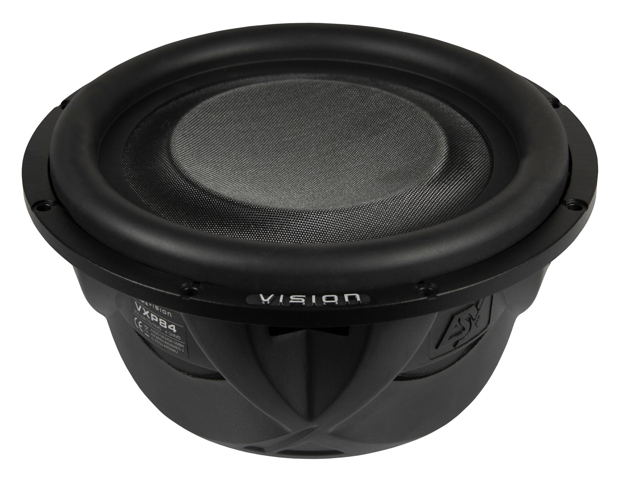 Schwarzer Subwoofer-Lautsprecher mit schwarzem Mesh. Er befindet sich in einem schwarzen Gehäuse mit dem Vision-Logo.