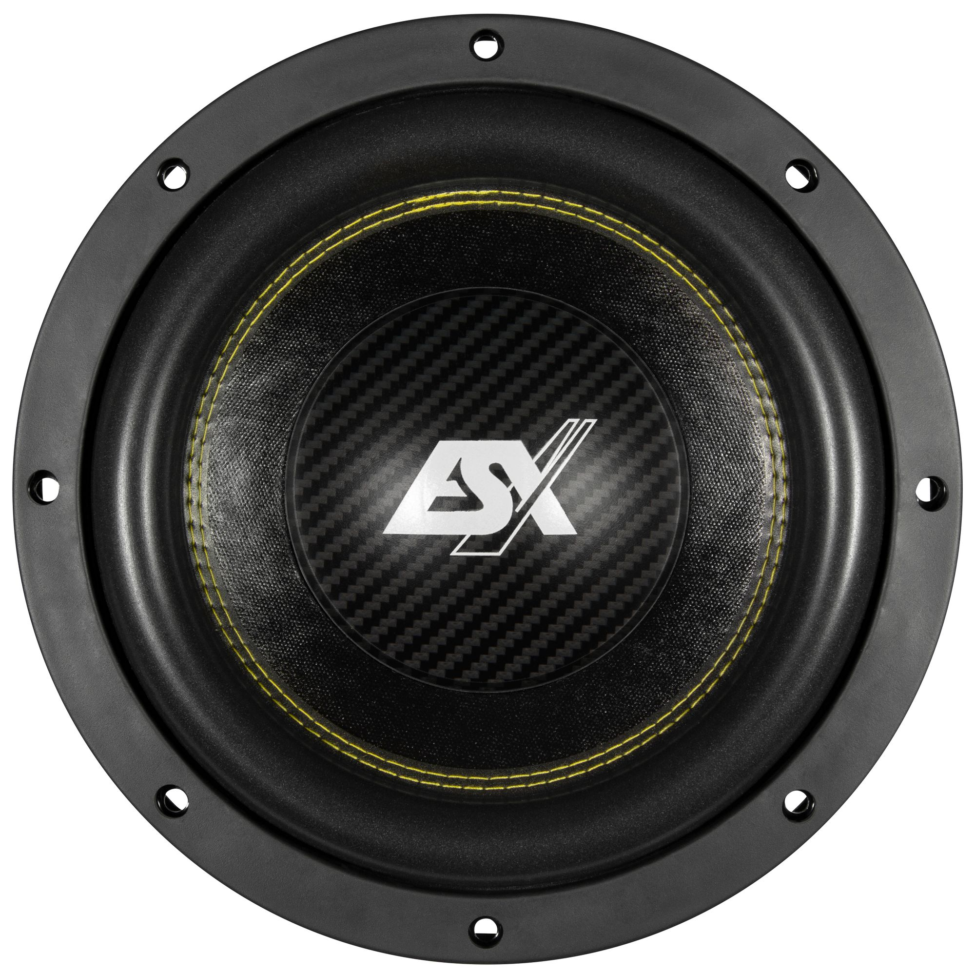 Schwarzer Subwoofer mit Carbonfaser-Konus, gelben Nähten und ASX-Logo.