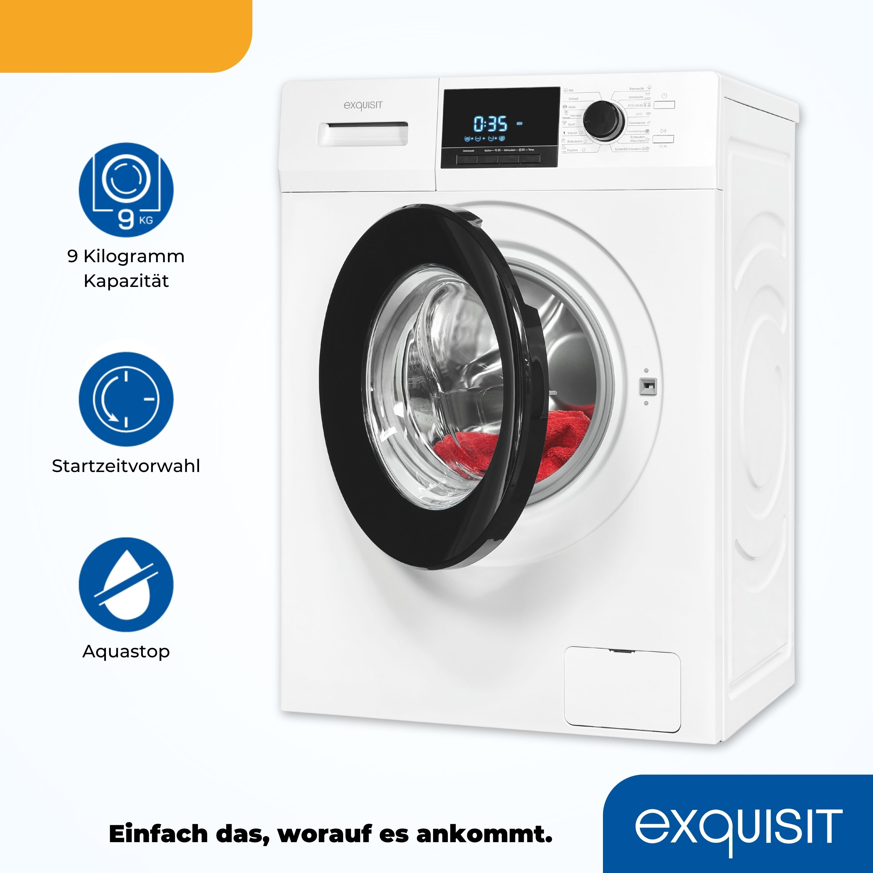 Weiße Waschmaschine mit geöffneter Tür, mit Details der Maschine.