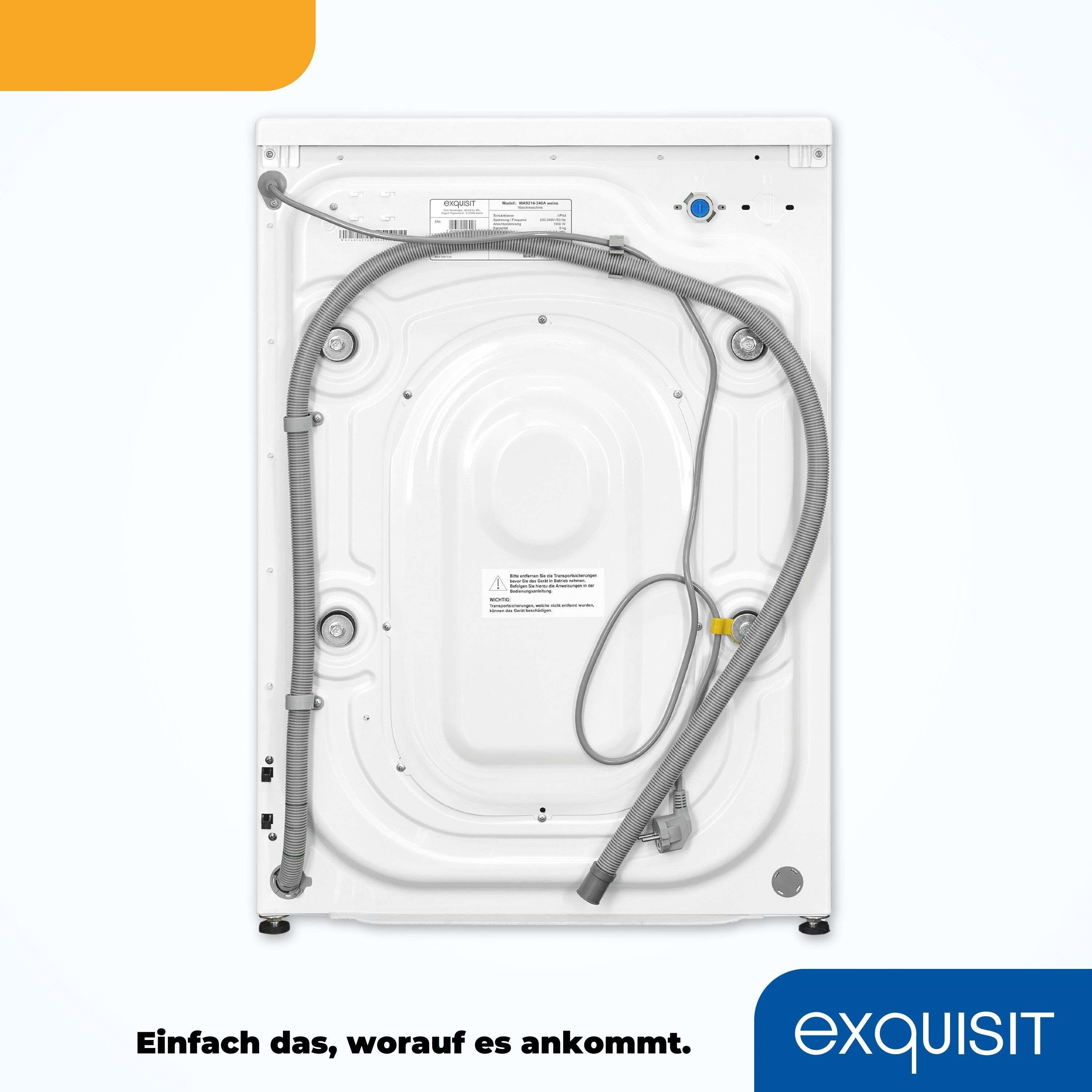 Rückseite einer weißen Waschmaschine. Grauer Schlauch ist angeschlossen. Blauer Wassereinlass und Text hinten.