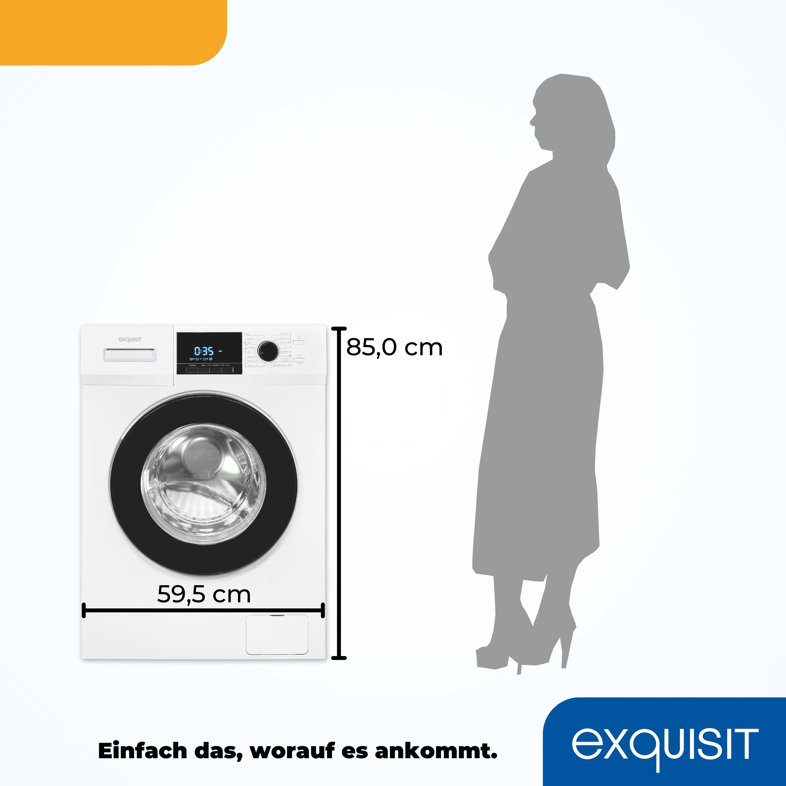 Weiße Waschmaschine, Marke Exquisit, mit Abmessungen und Personensilhouette daneben.