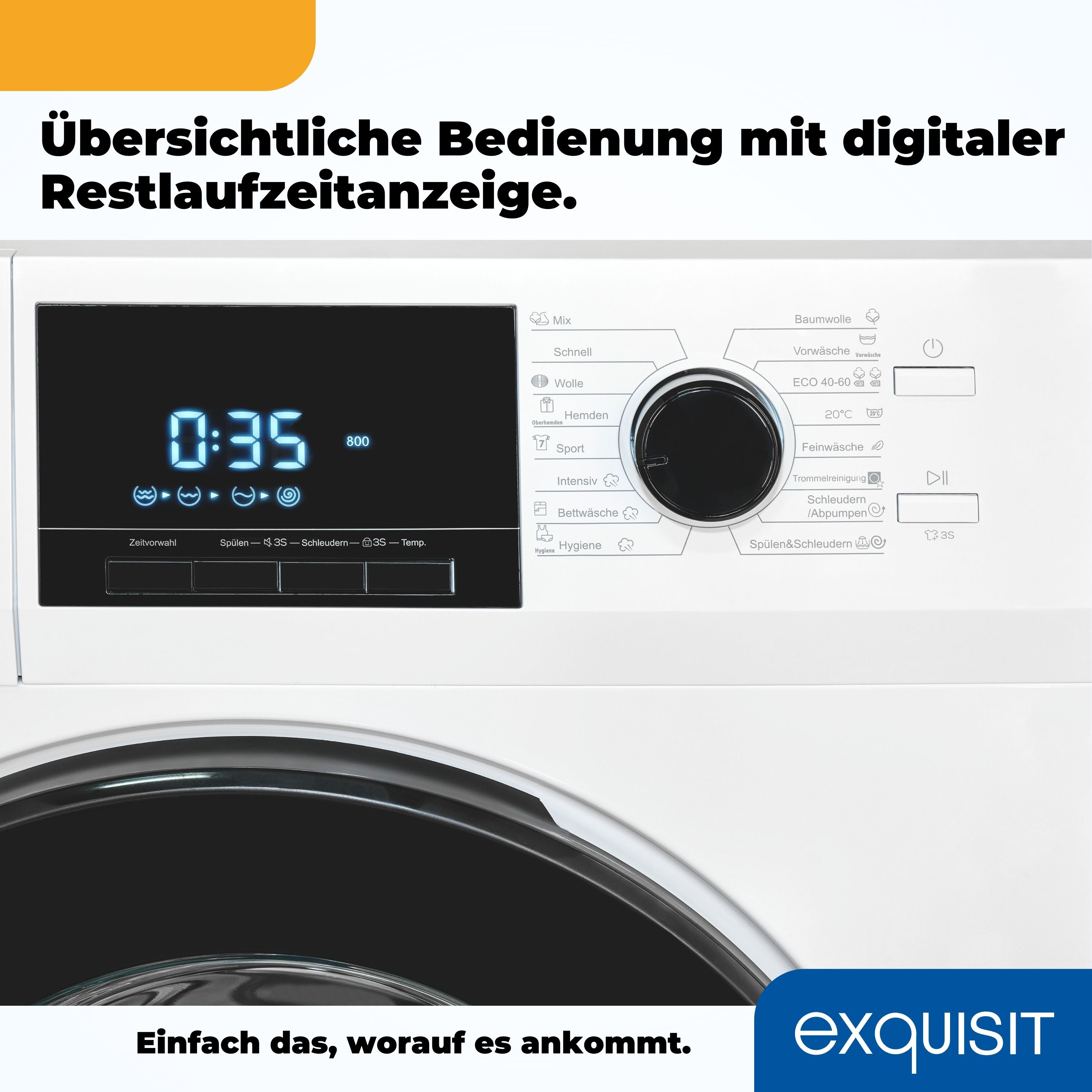 Waschmaschinen-Bedienfeld. Digitalanzeige zeigt Zeit. Verschiedene Programmoptionen sind sichtbar.