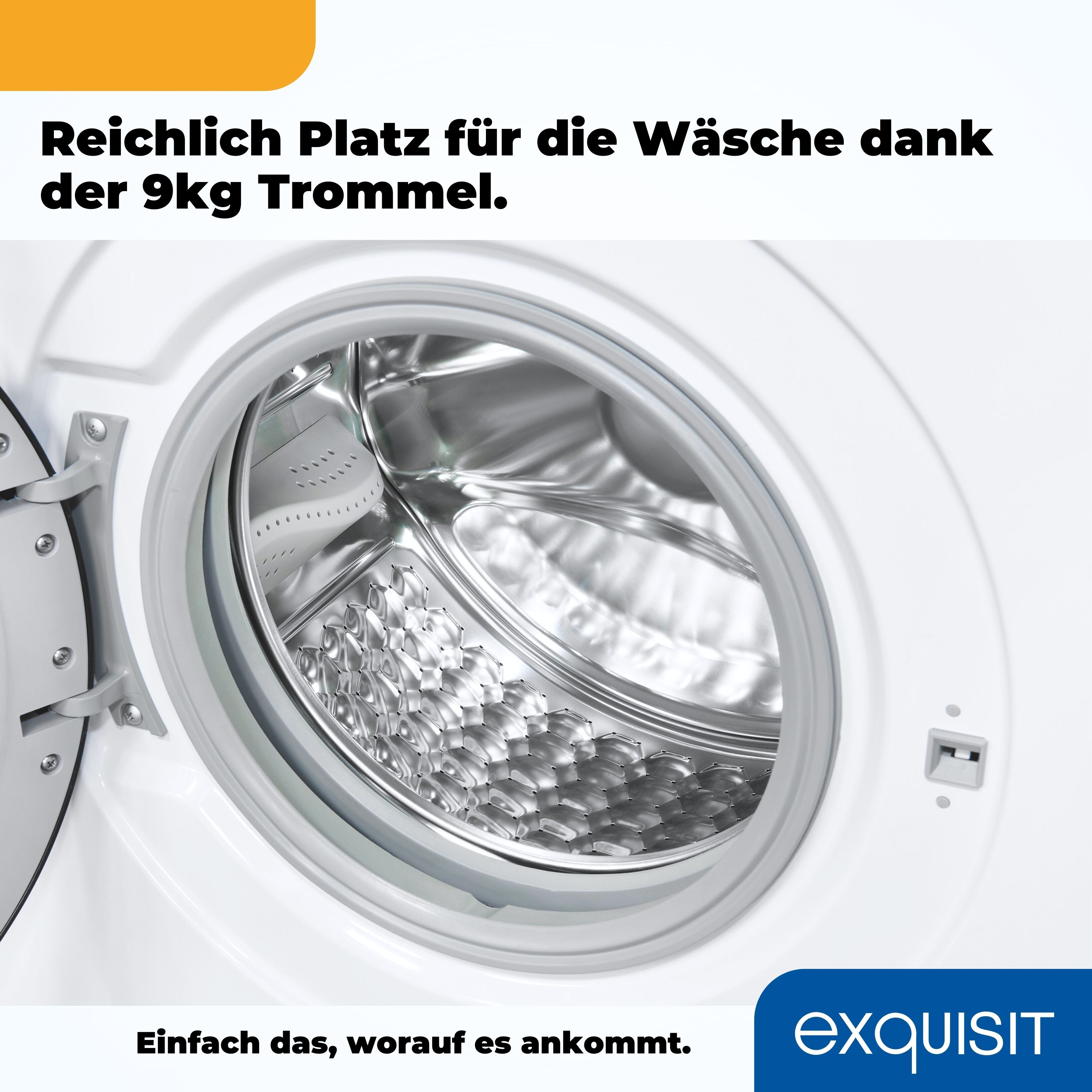 Waschmaschinentrommel innen. Geöffnete Tür zeigt die Edelstahltrommel. Text: 'Viel Platz für die Wäsche'.