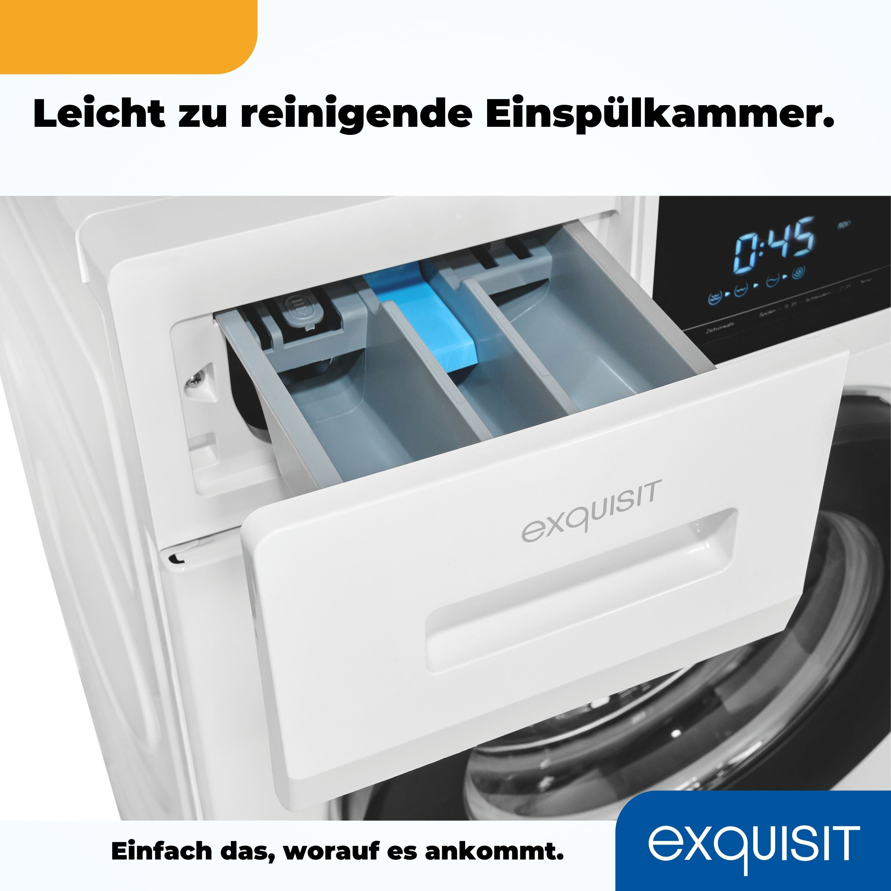 Eine Waschmittel-Schublade, mit deutschem Text über einfache Reinigung.