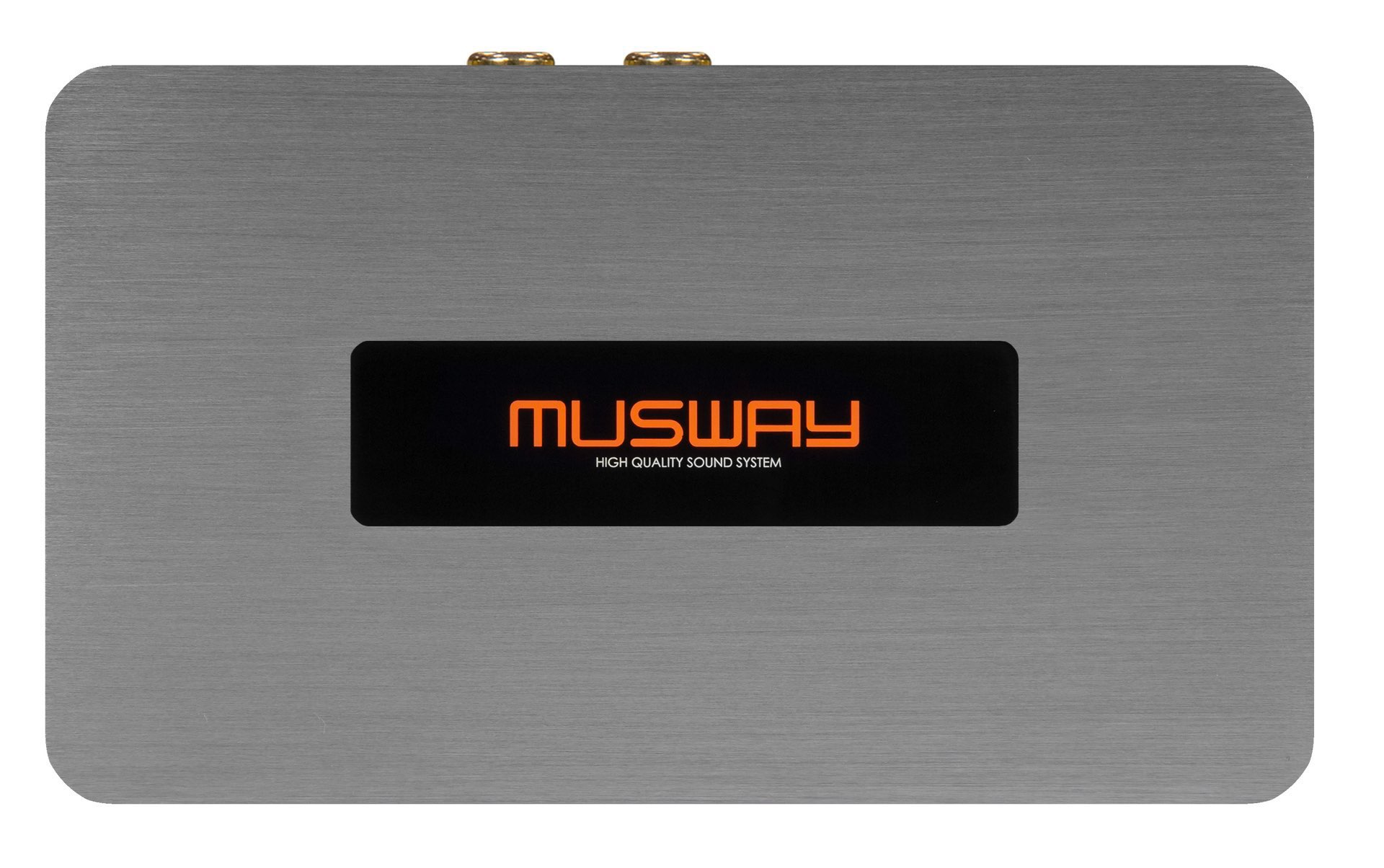 Graues rechteckiges Soundsystem mit Musway-Logo, Draufsicht.