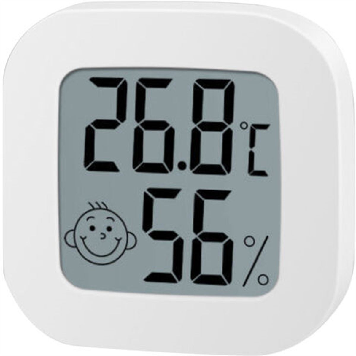 Weißes digitales Thermometer mit 26,8 °C und 56 % Luftfeuchtigkeit, mit einem Smiley-Symbol.
