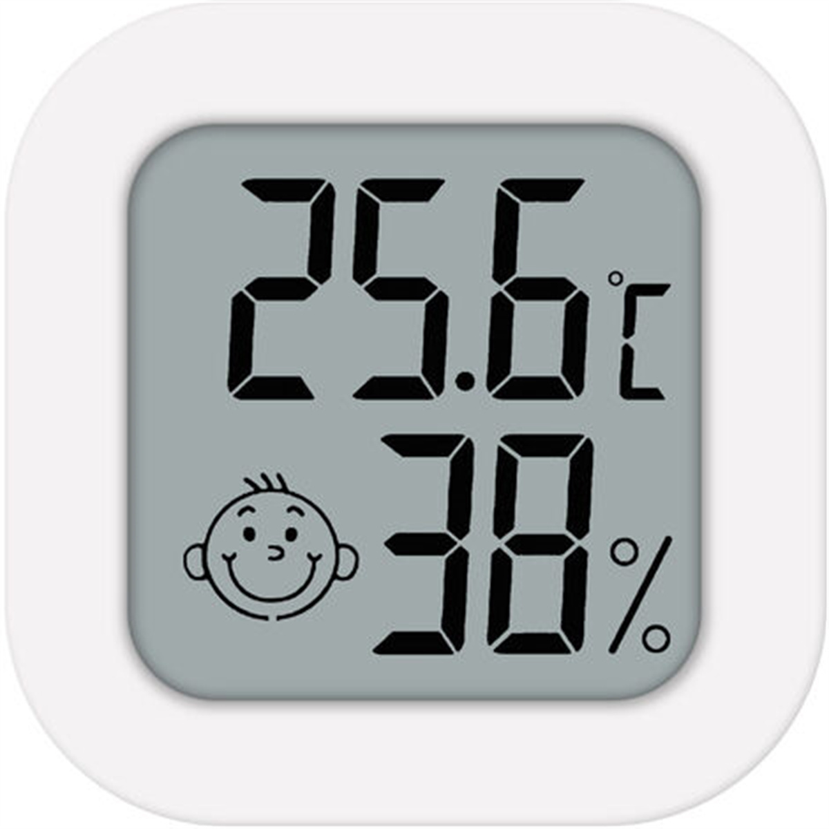 Digitales Thermometer mit Temperatur und Luftfeuchtigkeit. Anzeige zeigt 25,6 °C und 38 % mit einem Smiley.