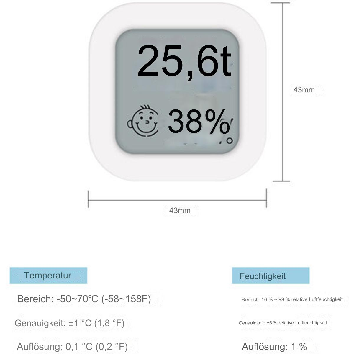 Digitales Thermometer mit 25,6t und 38%. Abmessungen: 43x43mm. Text: Temperatur, Feuchtigkeit.