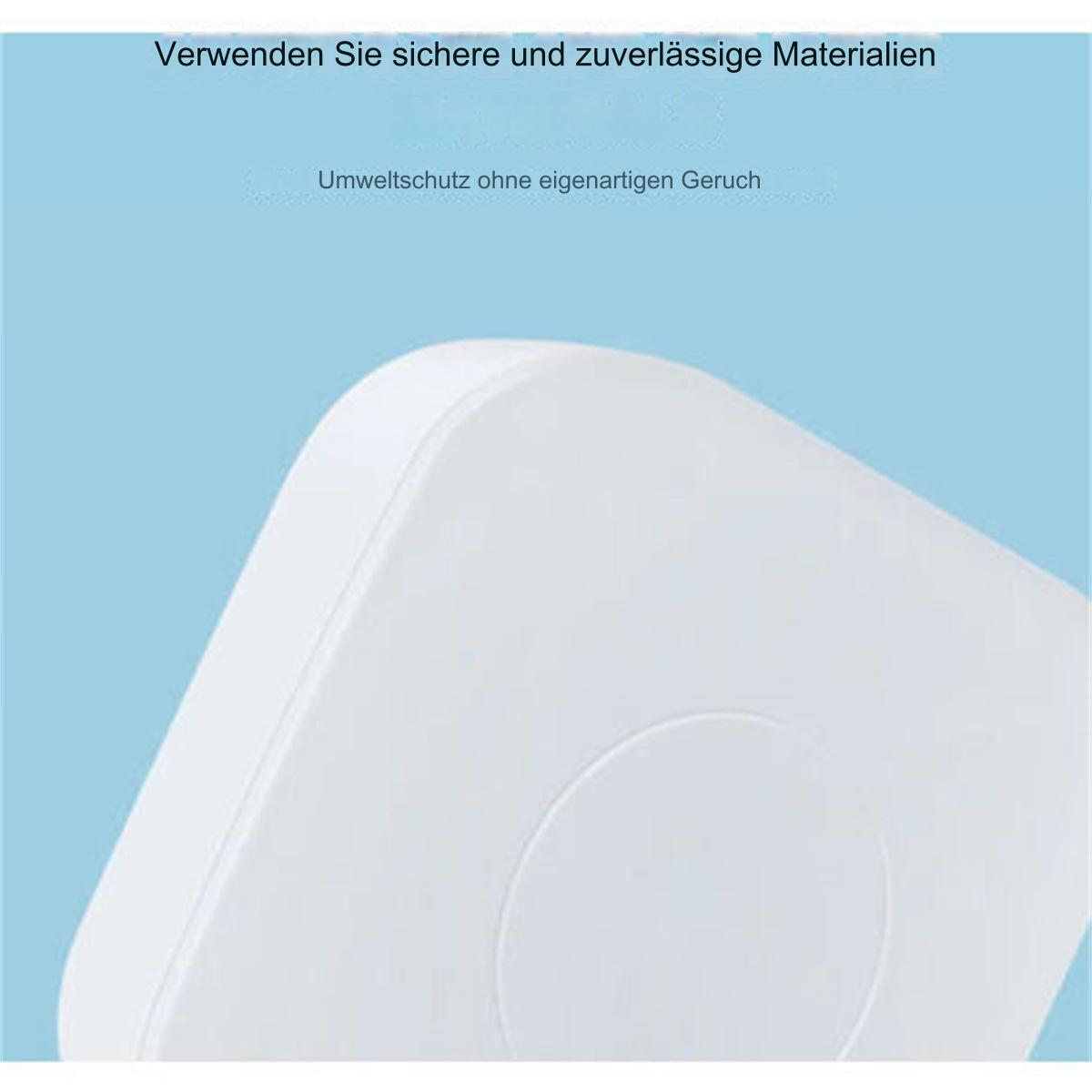 Nahaufnahme einer weißen Ecke eines Geräts, Text oben: sichere Materialien.