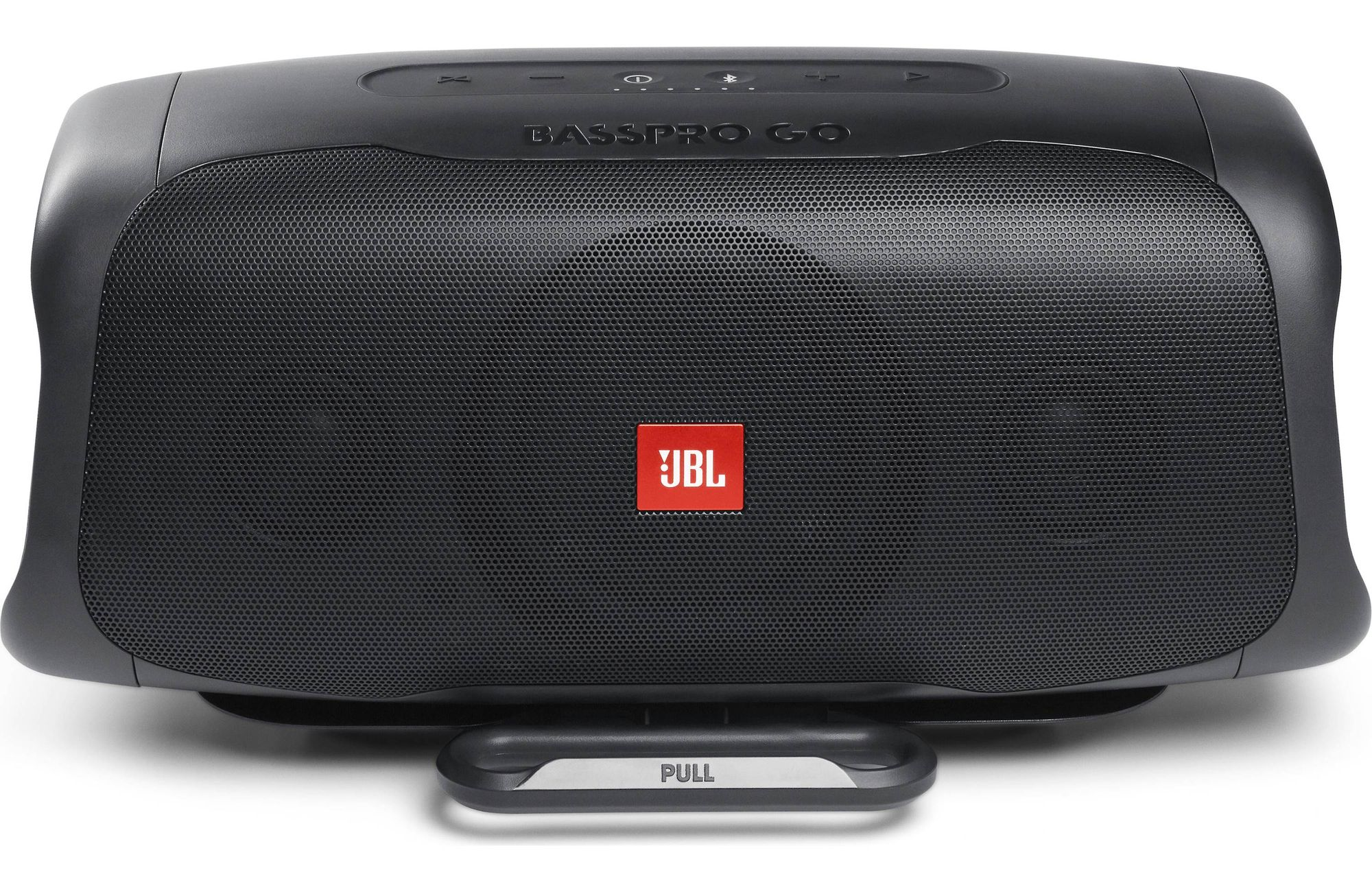 Schwarzer JBL Basspro Go Lautsprecher mit rotem JBL Logo auf weißem Hintergrund.