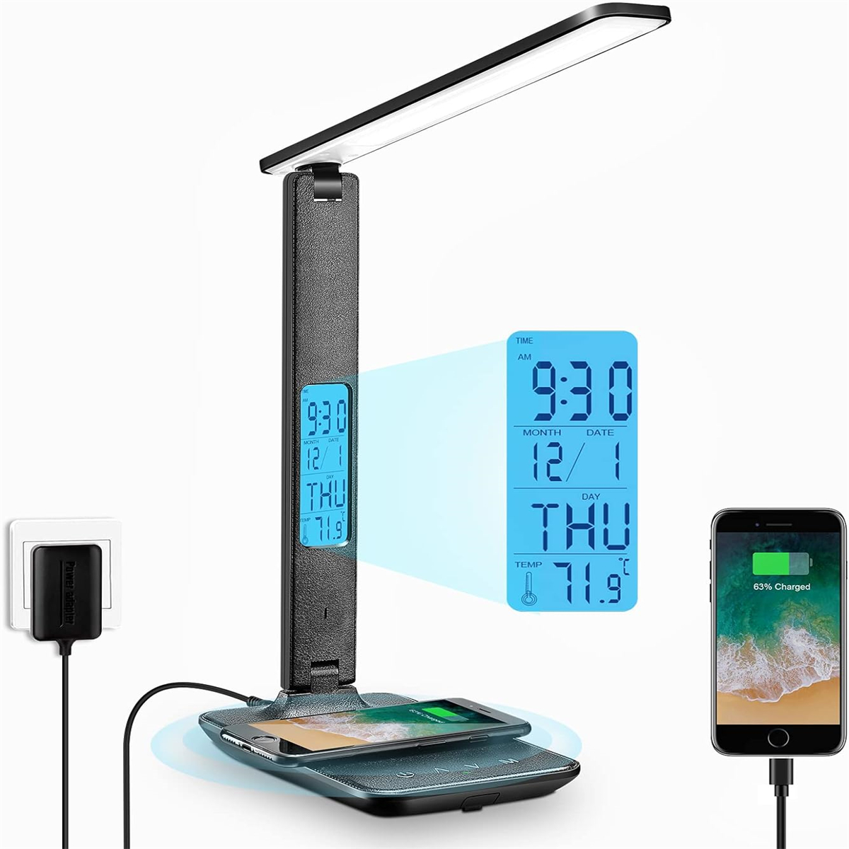 Schwarze Schreibtischlampe mit Digitalanzeige für Uhrzeit, Datum und Temperatur.
