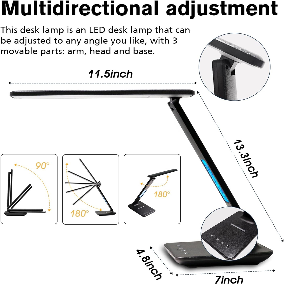 Eine schwarze Schreibtischlampe mit verstellbarem Arm, Kopf und Sockel. Diagramme zeigen Winkeleinstellungen und Abmessungen.
