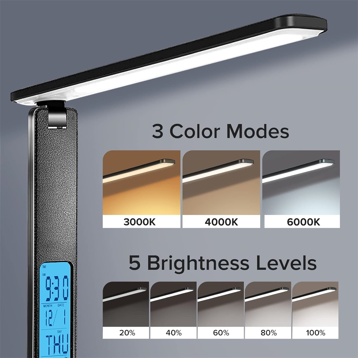 Eine schwarze Schreibtischlampe mit Digitalanzeige und Farb-/Helligkeitseinstellungen. 3 Modi, 5 Stufen.