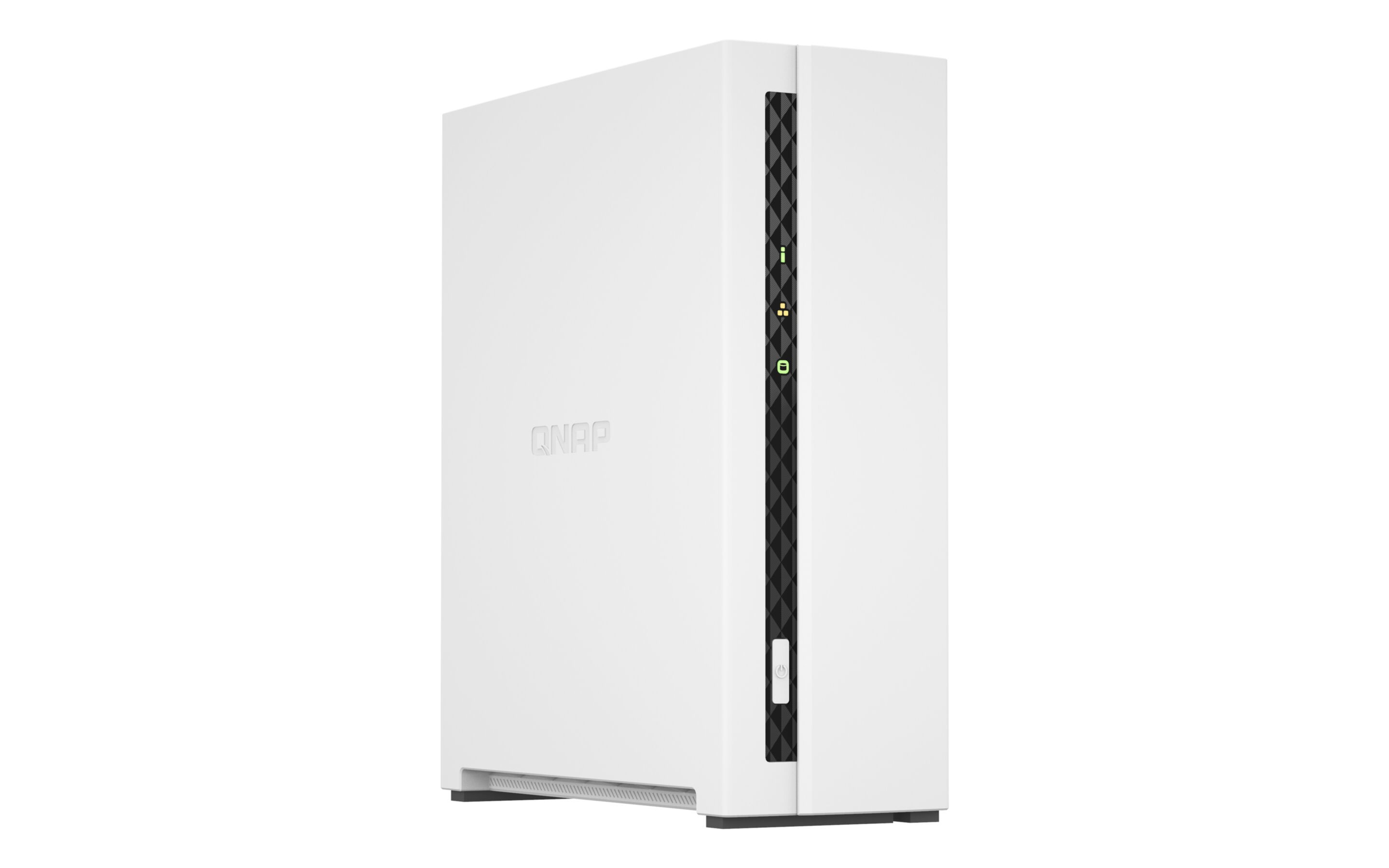 Weißes QNAP NAS-Gerät. Es hat ein schlankes Design mit einer vertikalen Lichtleiste auf der Vorderseite.
