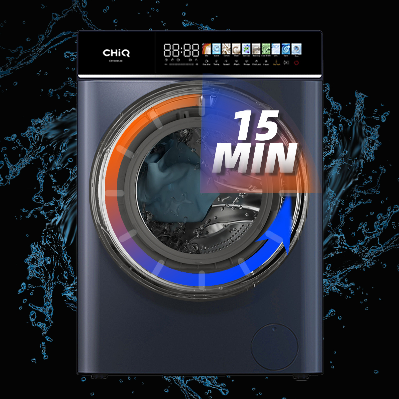 Lavatrice con display timer. Cerchi blu e arancioni evidenziano il ciclo.
